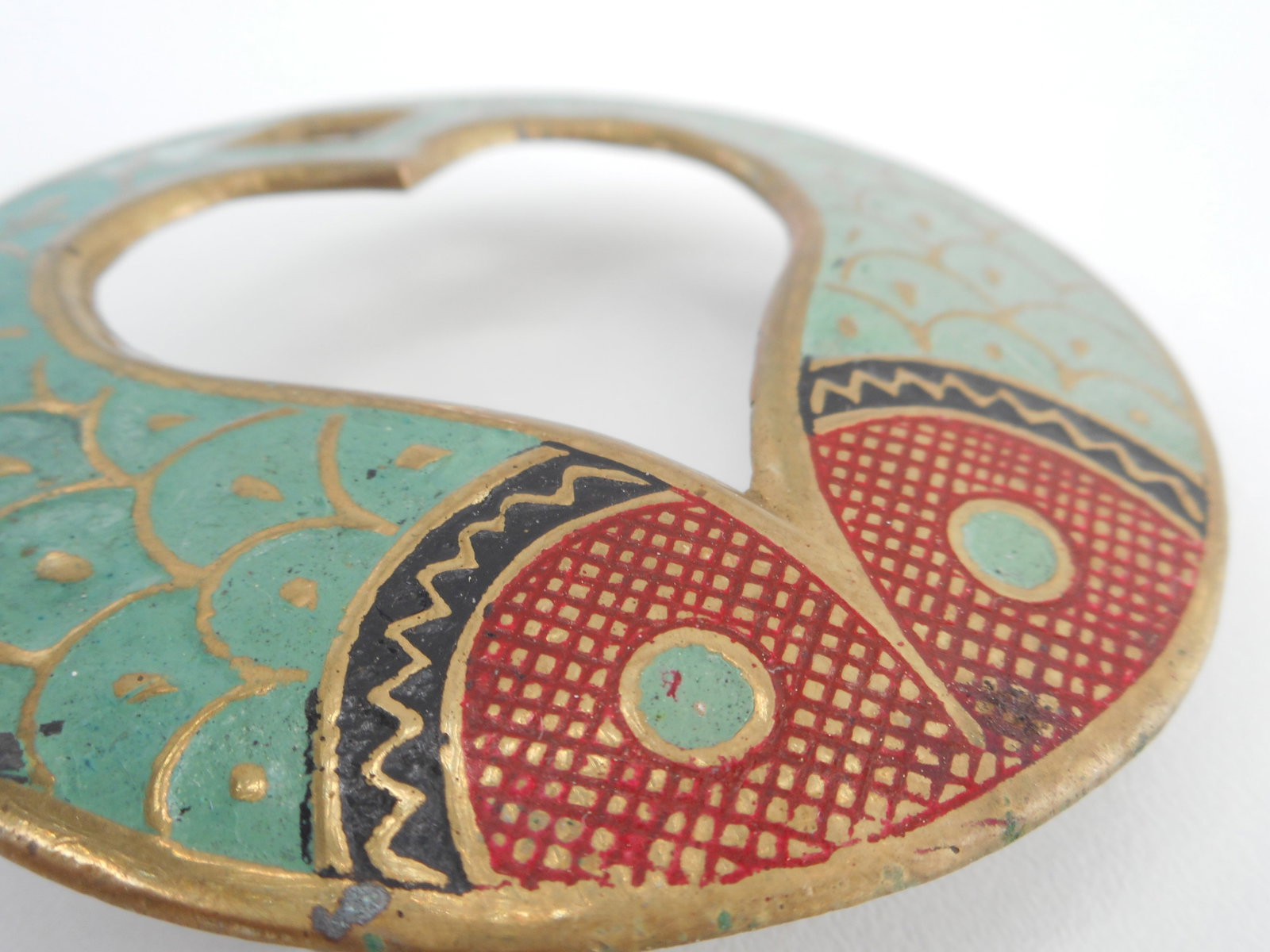 Brass and Enamel Belt Buckle, 2 Fish in Heart Shape, Marked INDIA L 29, 3 inches: Bidding on this item is acceptance of our posted Auction Policy
