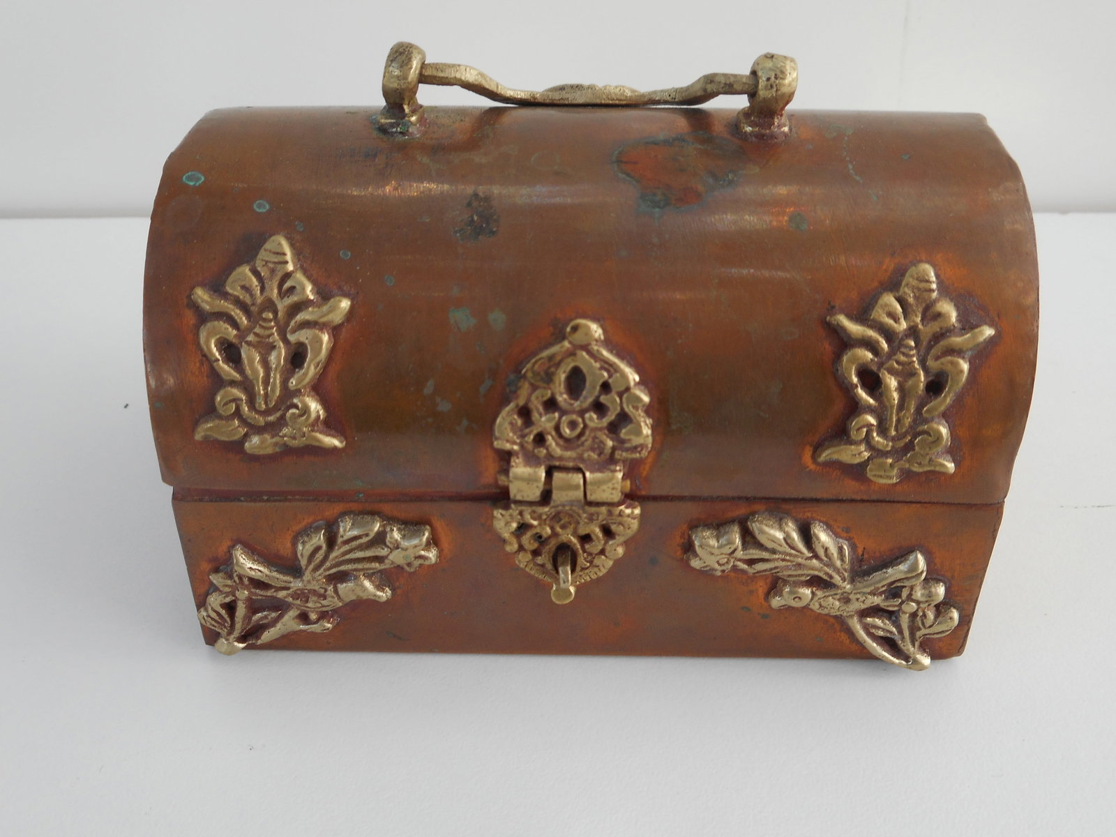 Mini Copper Treasure Chest with Brass Embellishments and Dragons, Fuzzy Blue lining, Trinket Box (1 of 4)