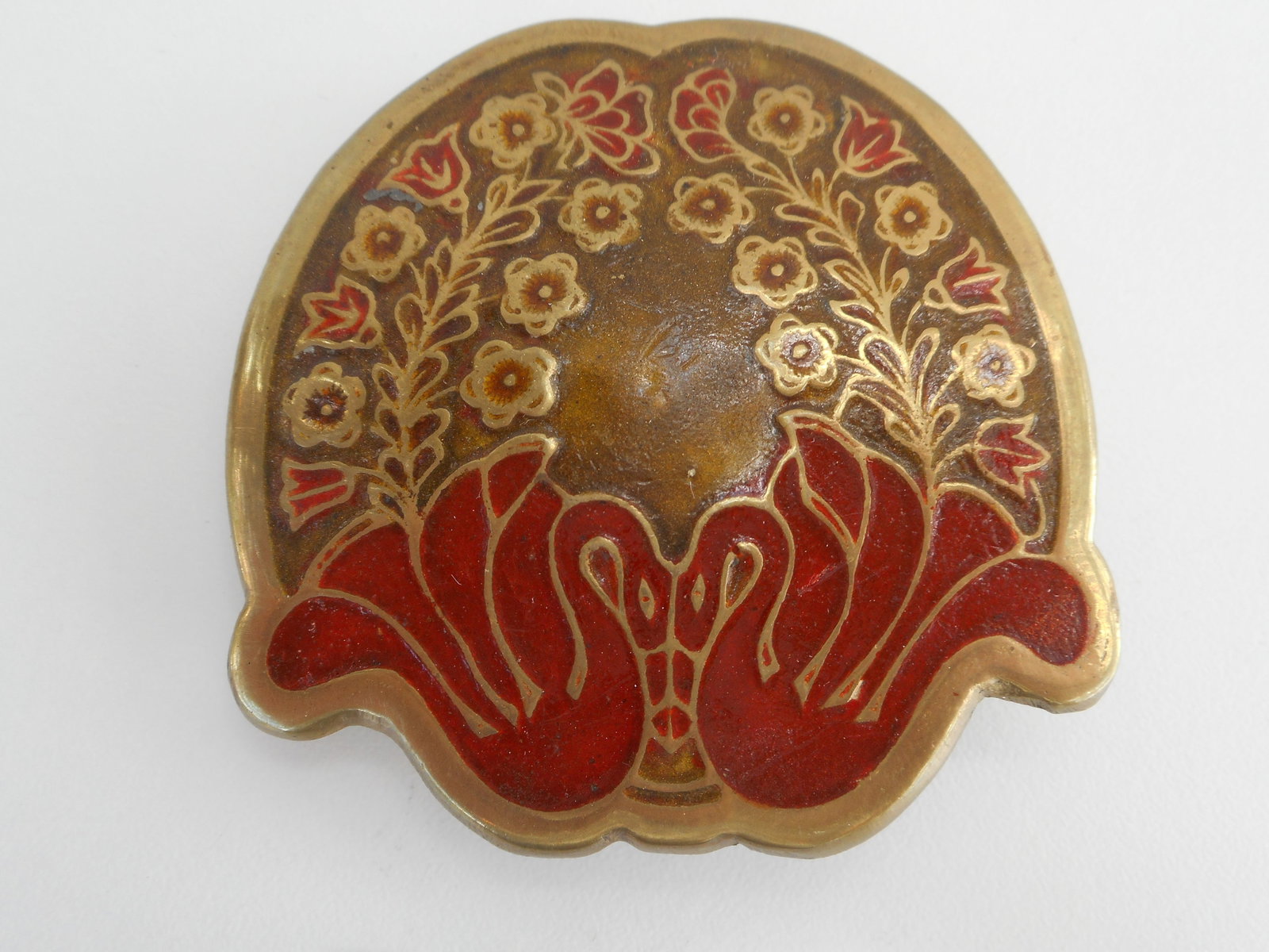 Brass and Enamel Belt Buckle, Flowers and Two Swans Kissing, Signed INDIA L 7, 3 inches: Bidding on this item is acceptance of our posted Auction Policy
