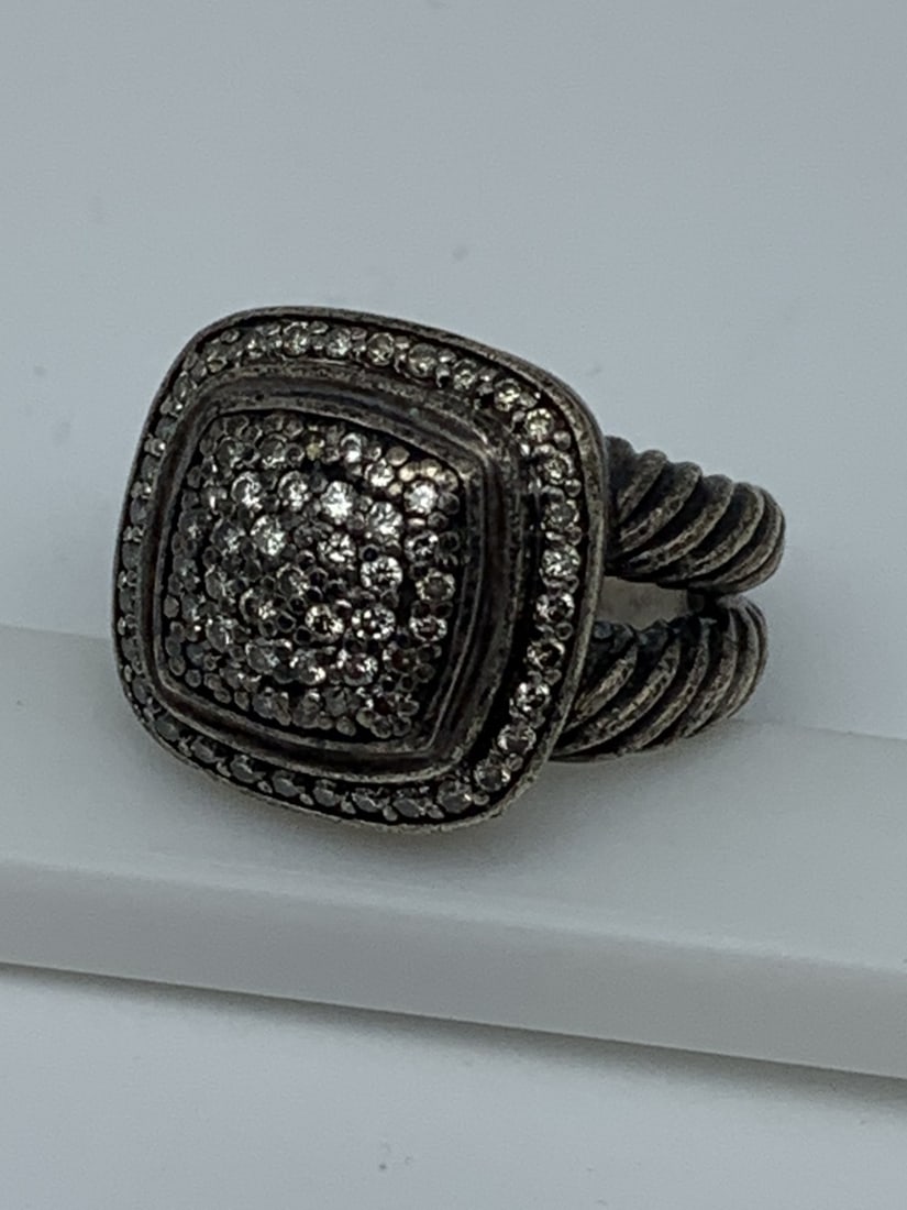Rounded Square Marcasite .925 Silver Ring, twist patterned band, Size 6 (1 of 6)