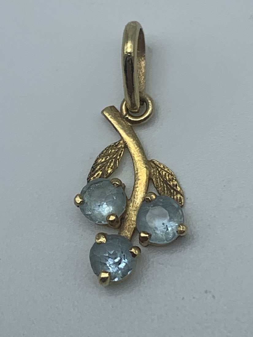 18K Gold (Marked 750 on bale) Charm with Three Light Blue Gemstones, Floral, Pendant is 3/4 inches (1 of 5)