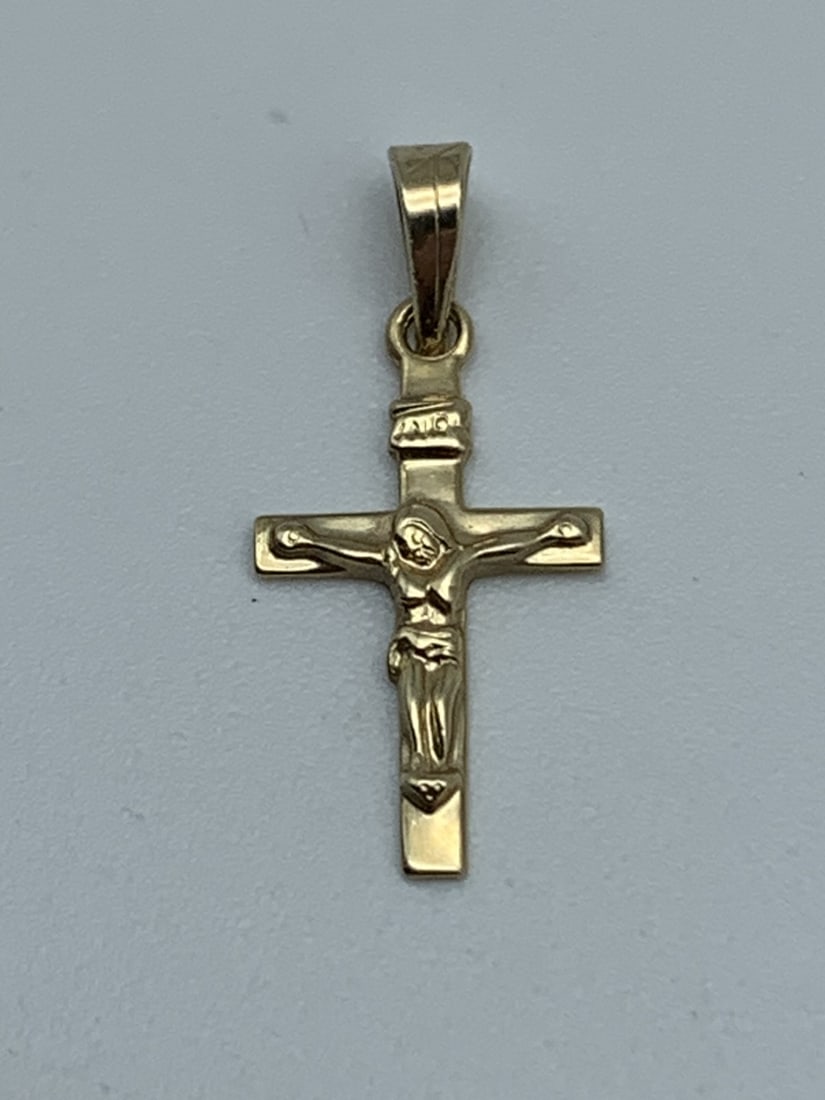 Dainty 14K Yellow Gold Crucifix Charm, Pendant measures 5/8 inch (1 of 5)