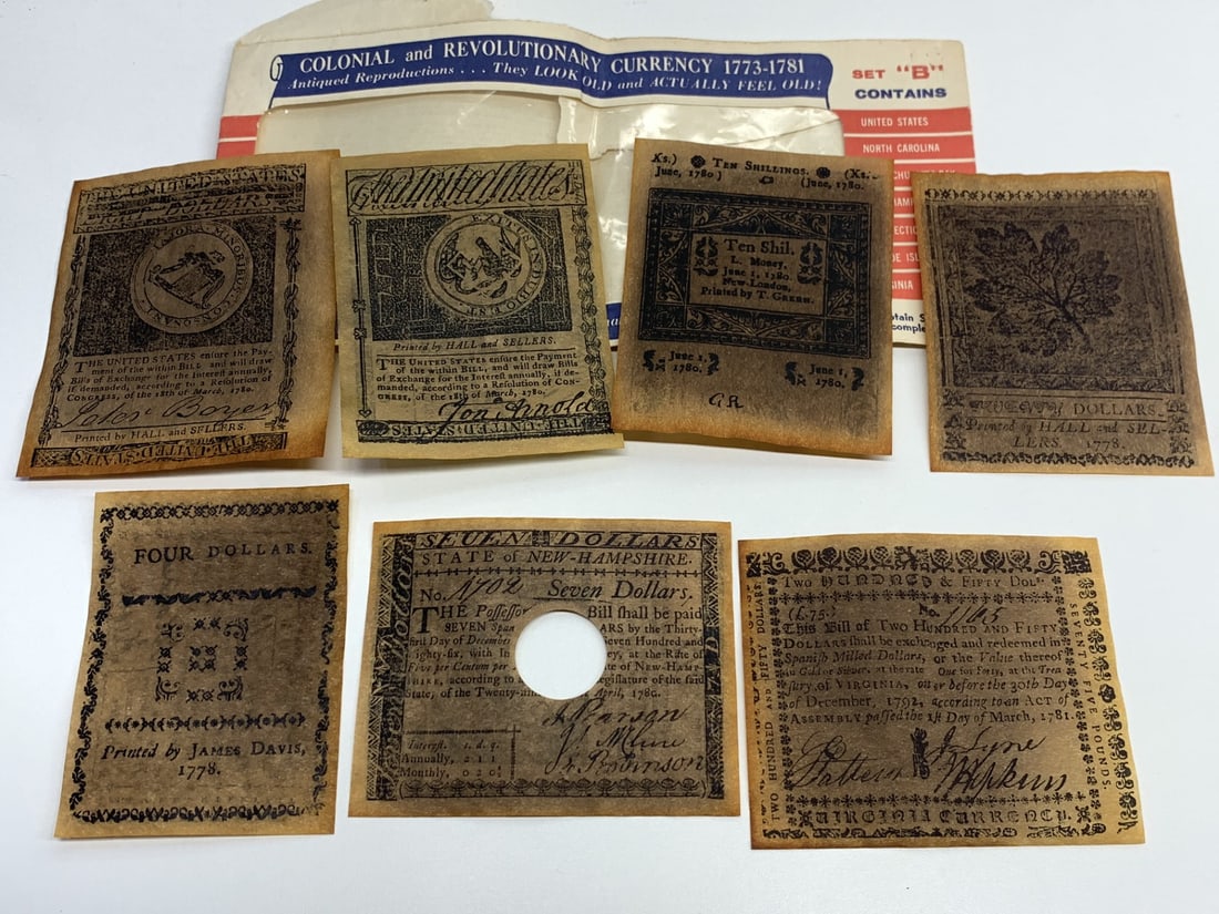 Colonial  & Revolutionary Currency 1773-1781 Antiqued Reproductions, Unique Replicas of US Currency (1 of 7)