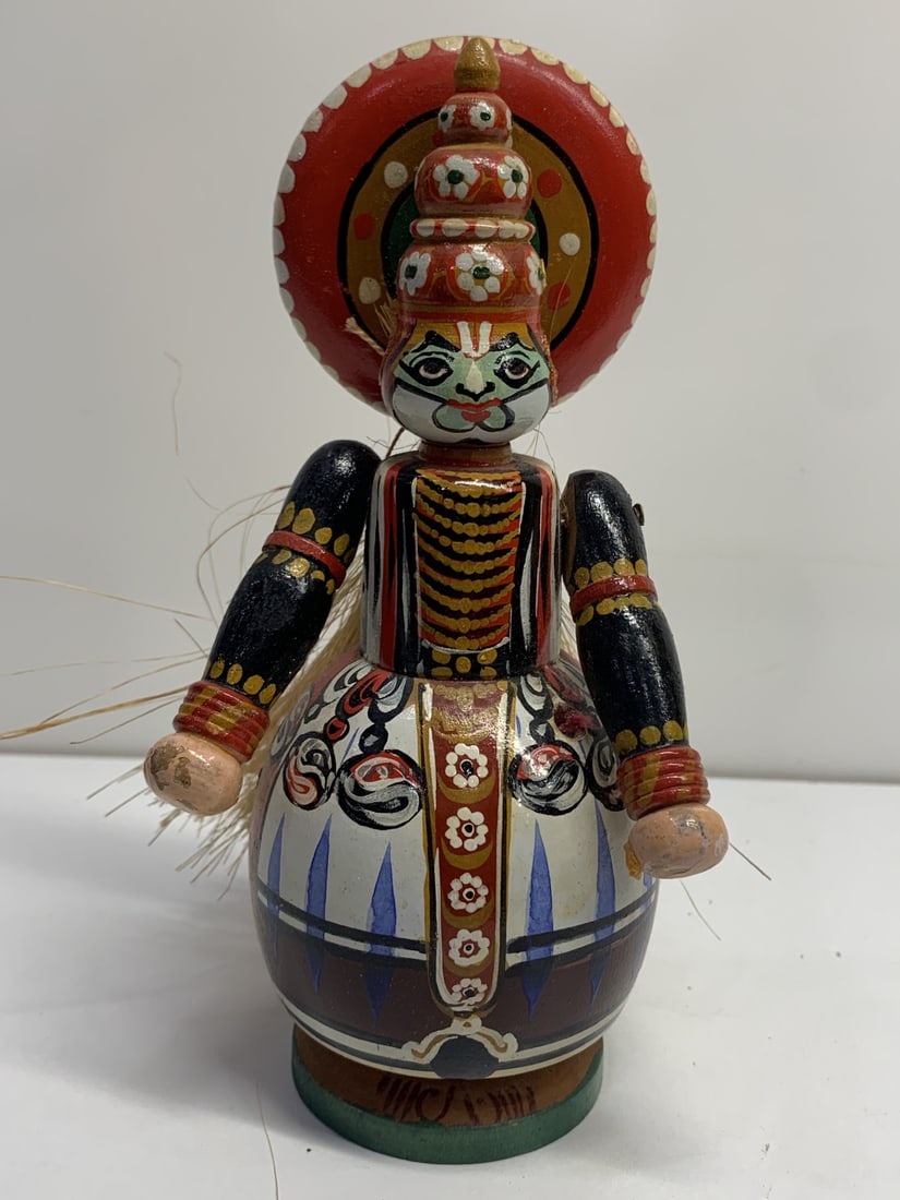 Ethnic Vintage Kathakali Dancer Doll, Arms Move, Wooden Body, Hand Painted, Indian, Straw hair (1 of 5)