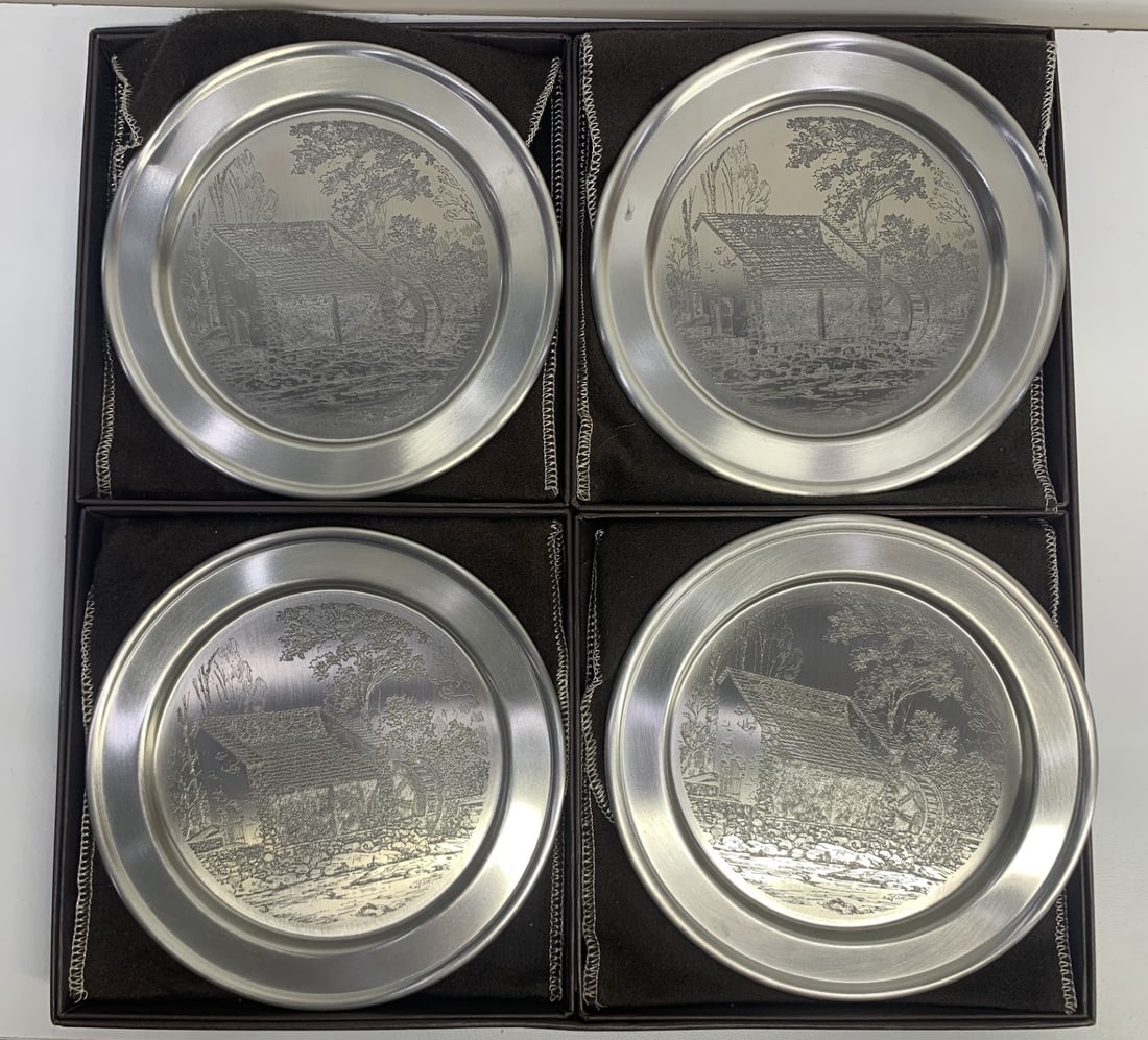 Set of 4 BALFOUR Pewter Coasters/Small Plates, 5 inches, Gristmill Etched Design, Cloth Pouches (1 of 6)