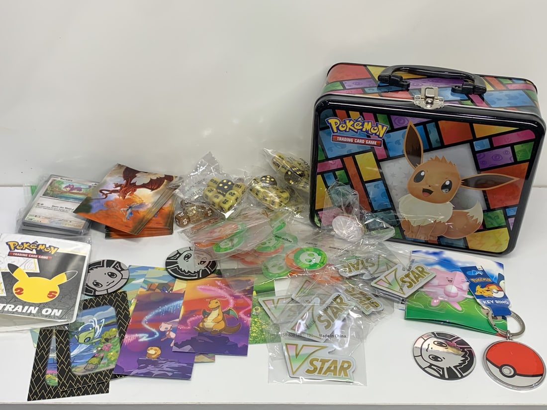 Excellent Assortment of Pokemon TCG items, cards, dice, tokens, metal lunchbox, keyring & more!: Bidding on this item is acceptance of our posted Auction Policy