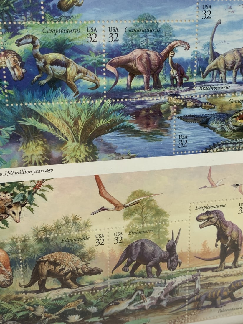 1996 World of Dinosaurs Sheet of 15 US Postage Stamps, Stored in Picture Frame, 8.5 x 11 inches (1 of 4)