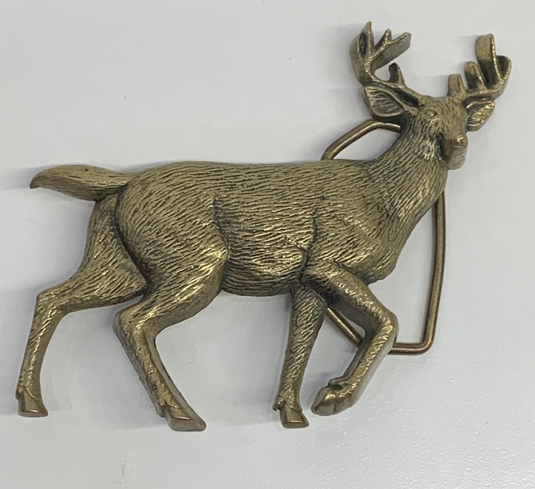 Vintage 1978 Solid Brass Deer Buck Baron Belt Buckle, 4 inches long (1 of 3)