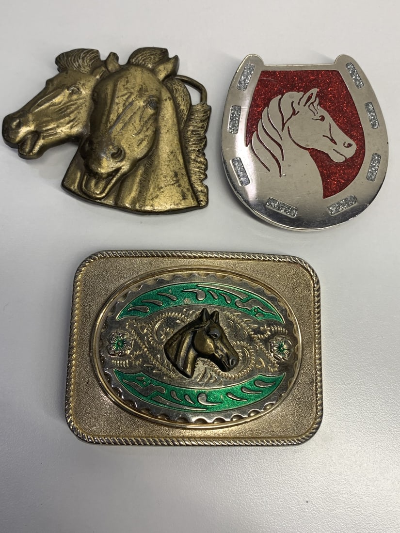 3 x Vintage Equestrian Motif Belt Buckles, Horses, Horseshoe, Enamel, Glitter: Largest is 3.5 x 2.5 inches Bidding on this item is acceptance of our posted Auction Policy
