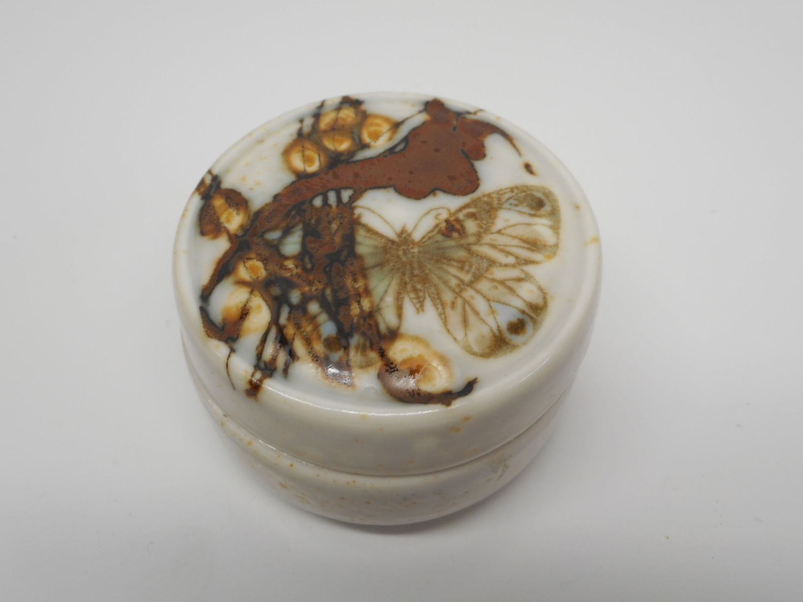 Royal Copenhagen Stoneware Pill Box / Trinket Box, Butterfly Design, 2.25 inches wide (1 of 6)