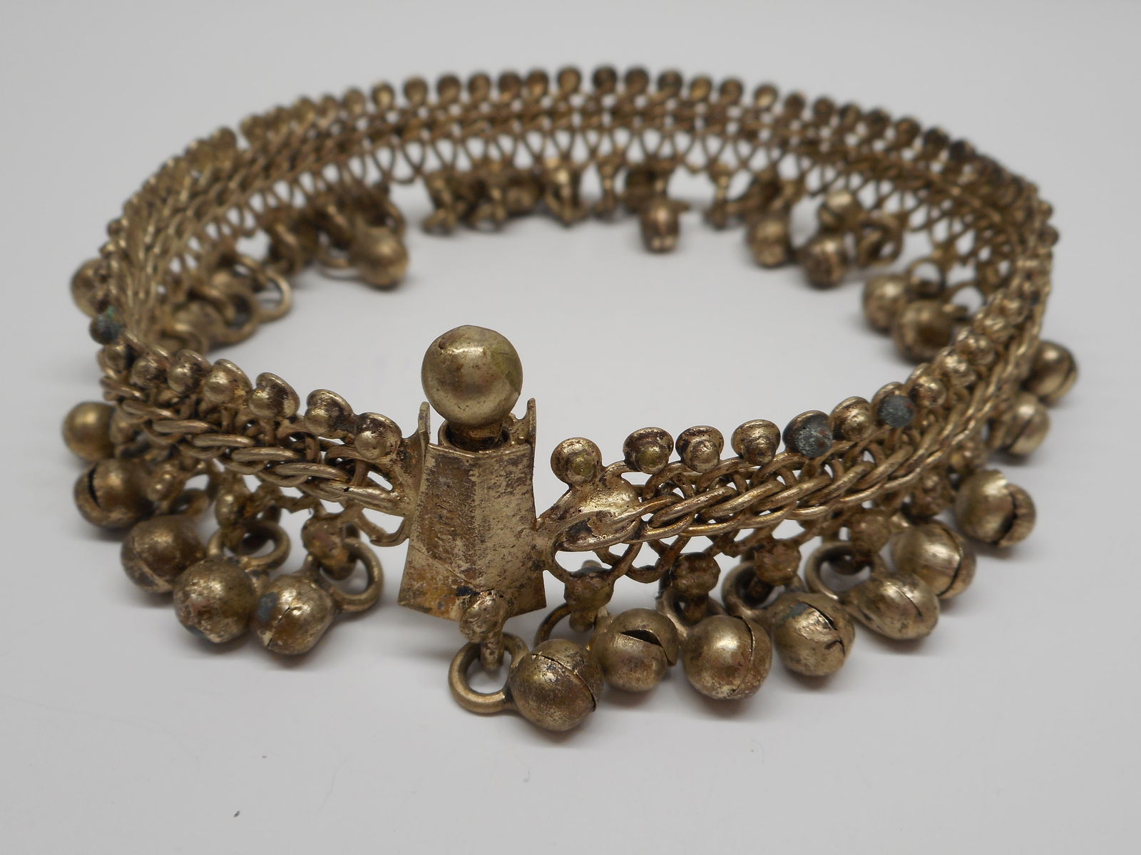 HARI Signed Brass Ankle Bracelet with Small Bells, Silver Toned Anklet with Screw Clasp, 10 inches (1 of 6)