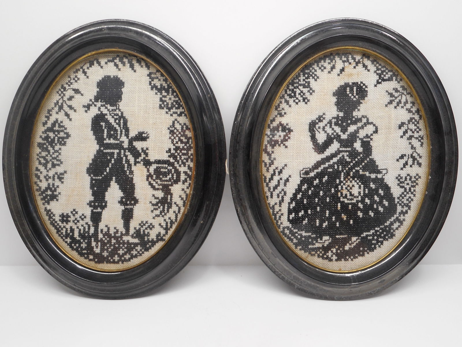 Oval Antique Pair of Needlepoint / Cross Stitch Framed art, Man and Woman, Complimenting Pictures (1 of 5)