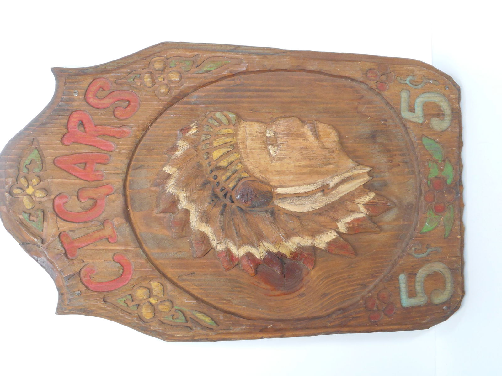 Carved, Hand painted Wood Cigar Tobacco Advertisement, Five Cents & Indian Chief Head design (1 of 7)