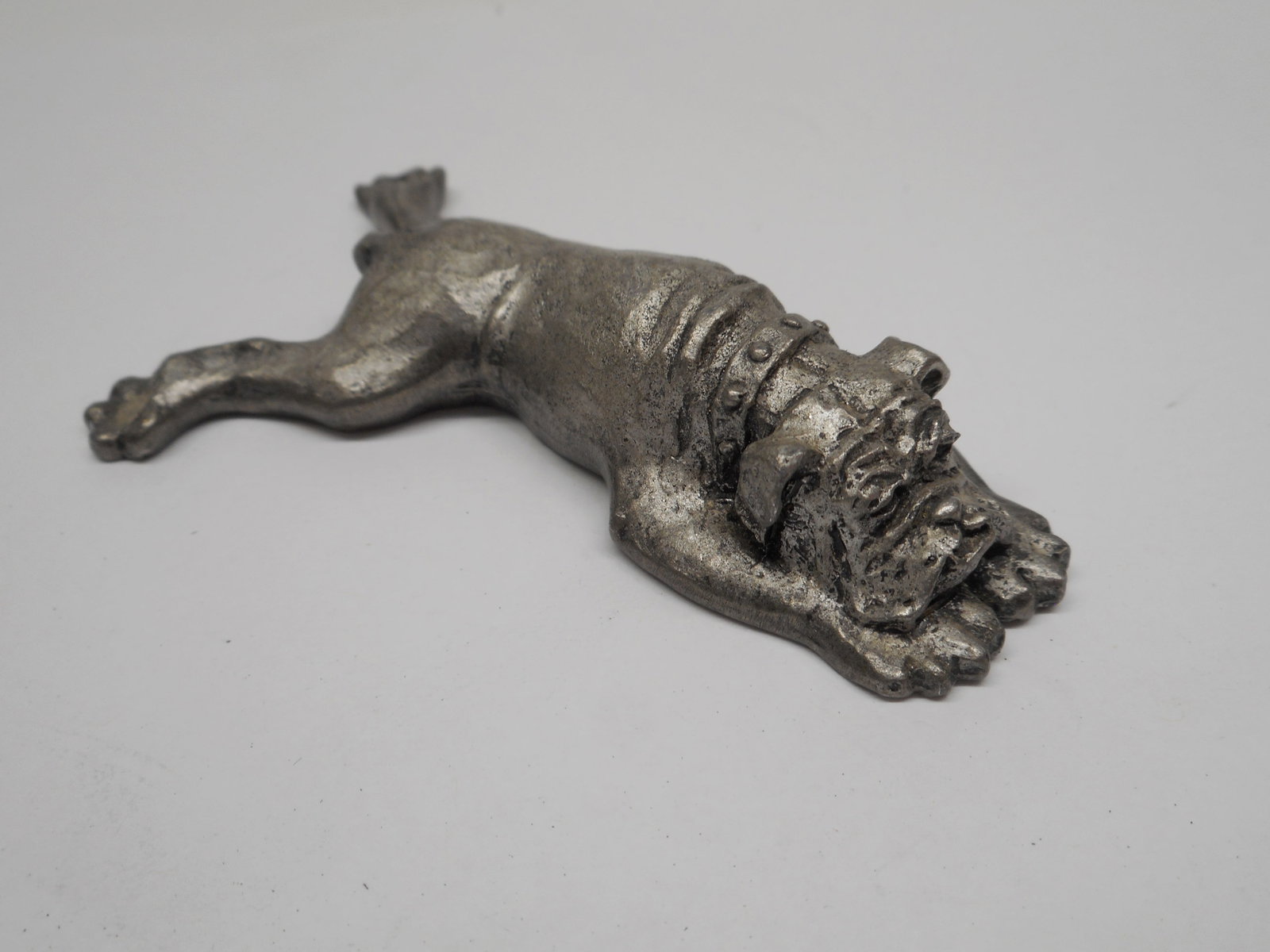 1970s Signed Philip Kraczkowski Pewter Bulldog Lying down, Stretching, Splooting, 3 inches: Bidding on this item will be indication that the Bidder acknowledges that they have read and agreed to the Terms and Conditions posted to this Auction