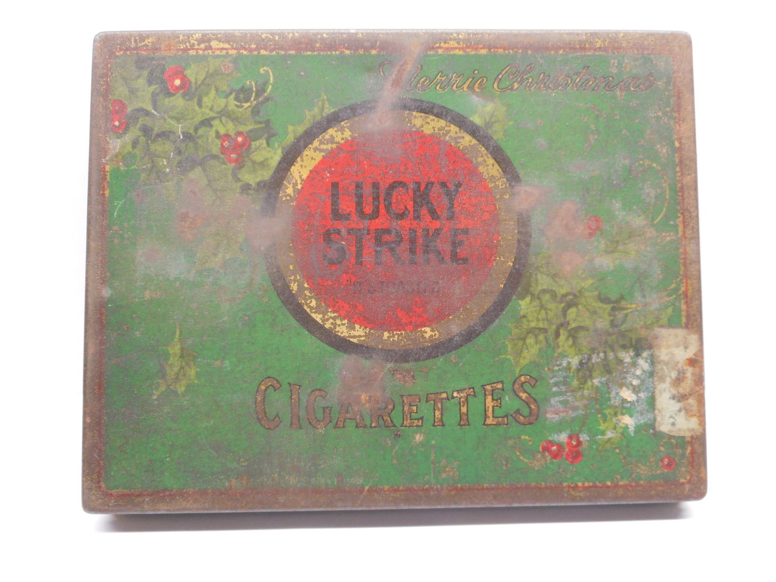 LUCKY STRIKE 'Merrie Christmas' Cigarette Tin, Case, Holly Decor on Lid, American Tobacco Co. (1 of 4)