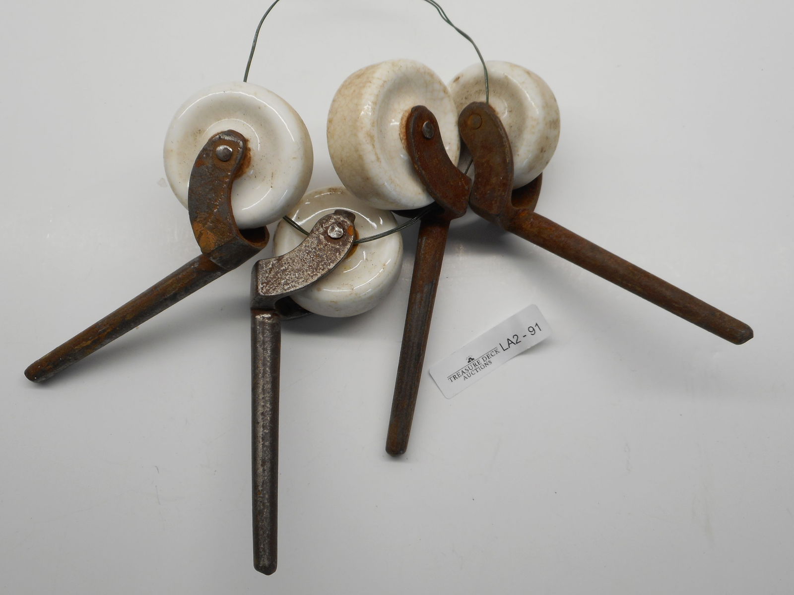 Set of 4 Antique Cast Iron and Porcelain Furniture Casters, Wheels 1.75 inches, 5-inch Length (1 of 3)