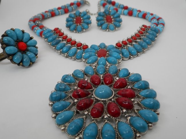 Fashion Jewelry Set - Necklace, Post earrings and Adjustable Ring, Turquoise and Coral colored Beads: Necklace is 18 inches with extension, Ring is size 6.5, adjustable, earrings are 1-1/4 inch Bidding on this item will be indication that the Bidder acknowledges that they have read and agreed to the T