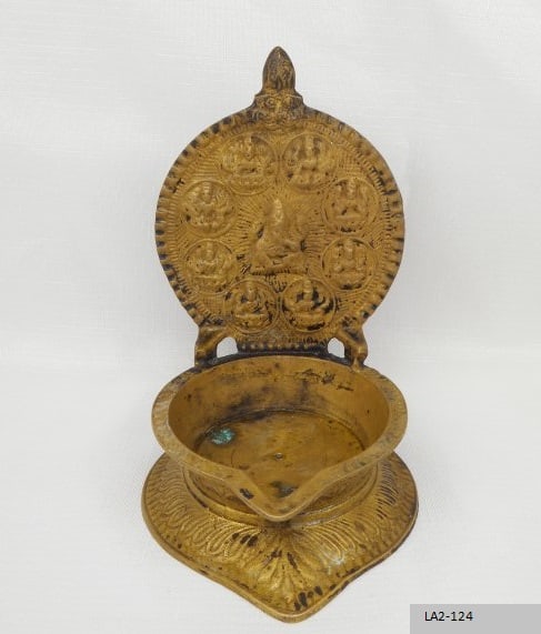 Antique Brass South Indian Hindu God Ganesha Ashta Laxmi Oil Lamp, 6.25 inches tall, dish 3.5 inches (1 of 7)
