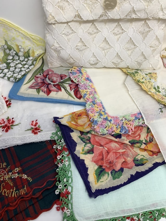 Lace Satchel full of Assorted Handkerchiefs, Various Designs, Colors and sizes: Bidding on this item will be indication that the Bidder acknowledges that they have read and agreed to the Terms and Conditions posted to this Auction