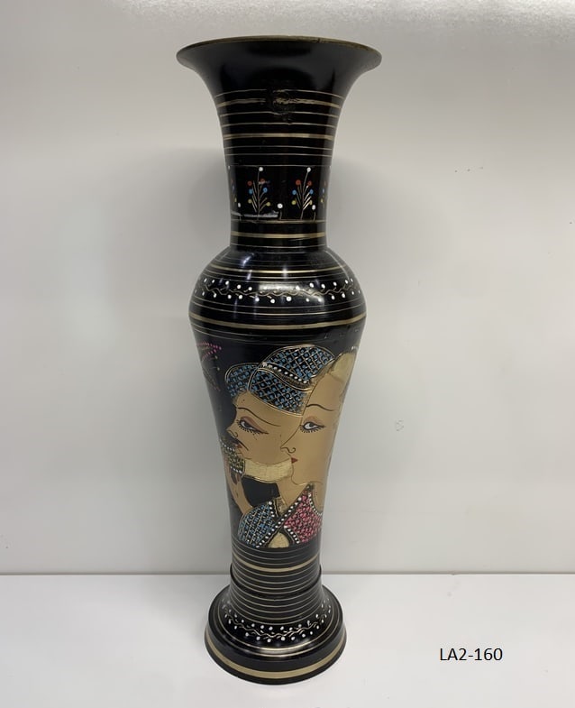 Vintage Brass Vase, Etched, Black with Colorful Handpainted design, Man, Woman, Volcanoes, Floral (1 of 8)