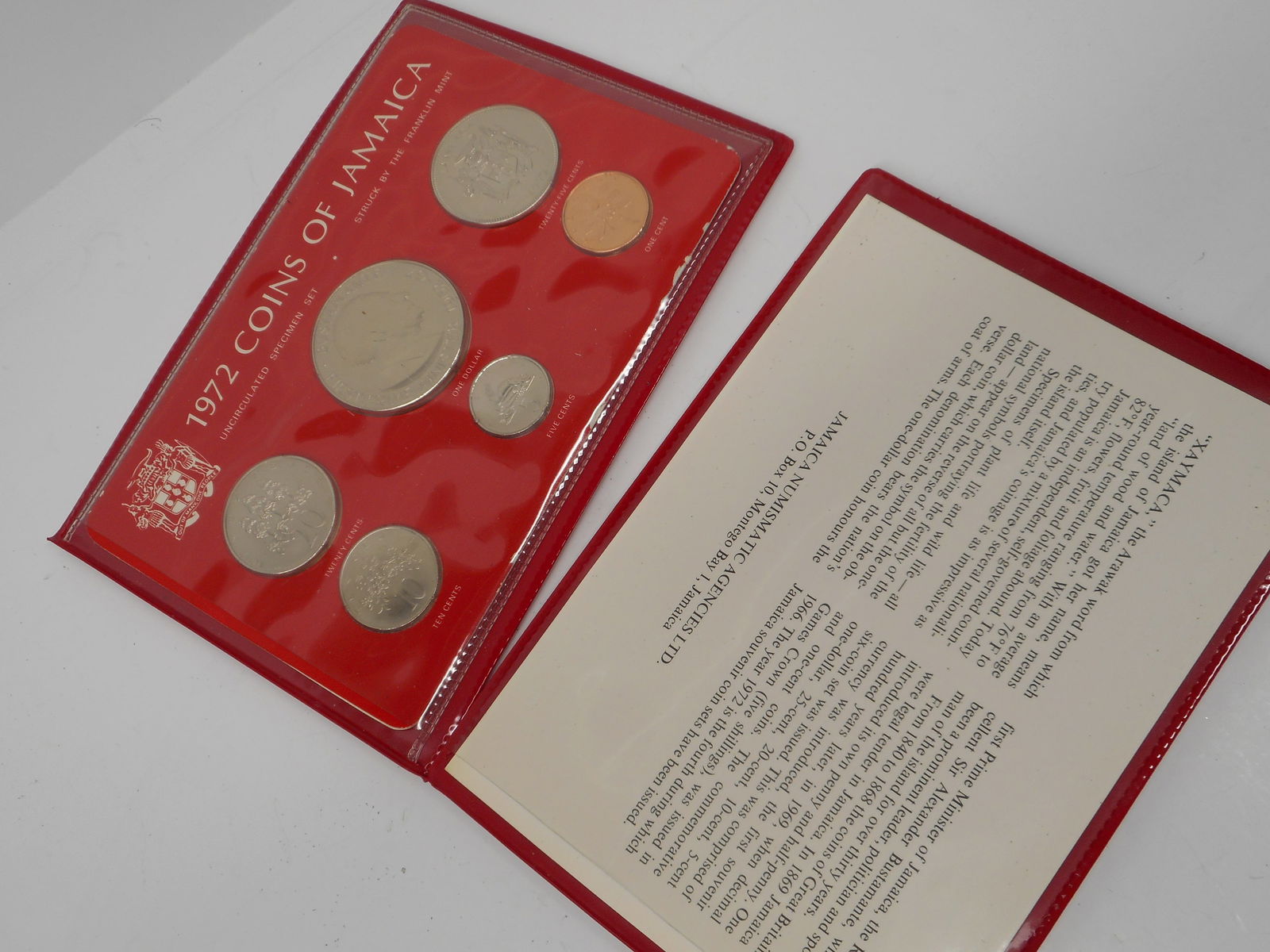 1972 Coins of Jamaica, Uncirculated Specimen Set, Struck by Franklin Mint, Red Plastic Folder Torn (1 of 4)