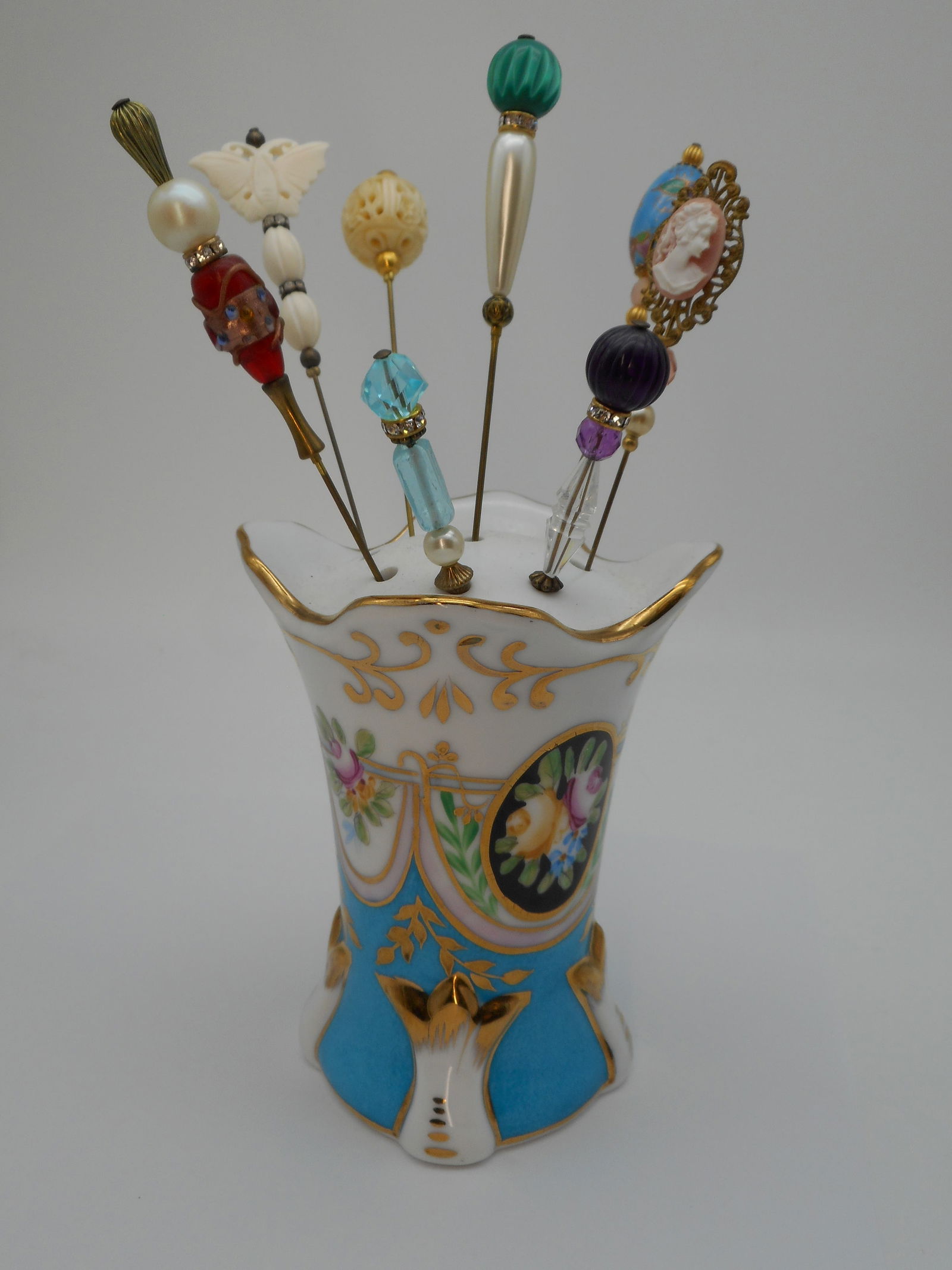 Stunning Collection of Hat Pins in Limoges Hand Painted Holder, Blue, Floral, Gold gilded, 4 inches (1 of 8)