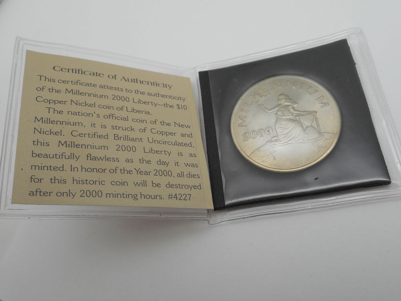 Millennium 2000 Liberty $10 Copper Nickel coin of Liberia in plastic sleeve with COA, Collectible: Bidding on this item will be indication that the Bidder acknowledges that they have read and agreed to the Terms and Conditions posted to this Auction