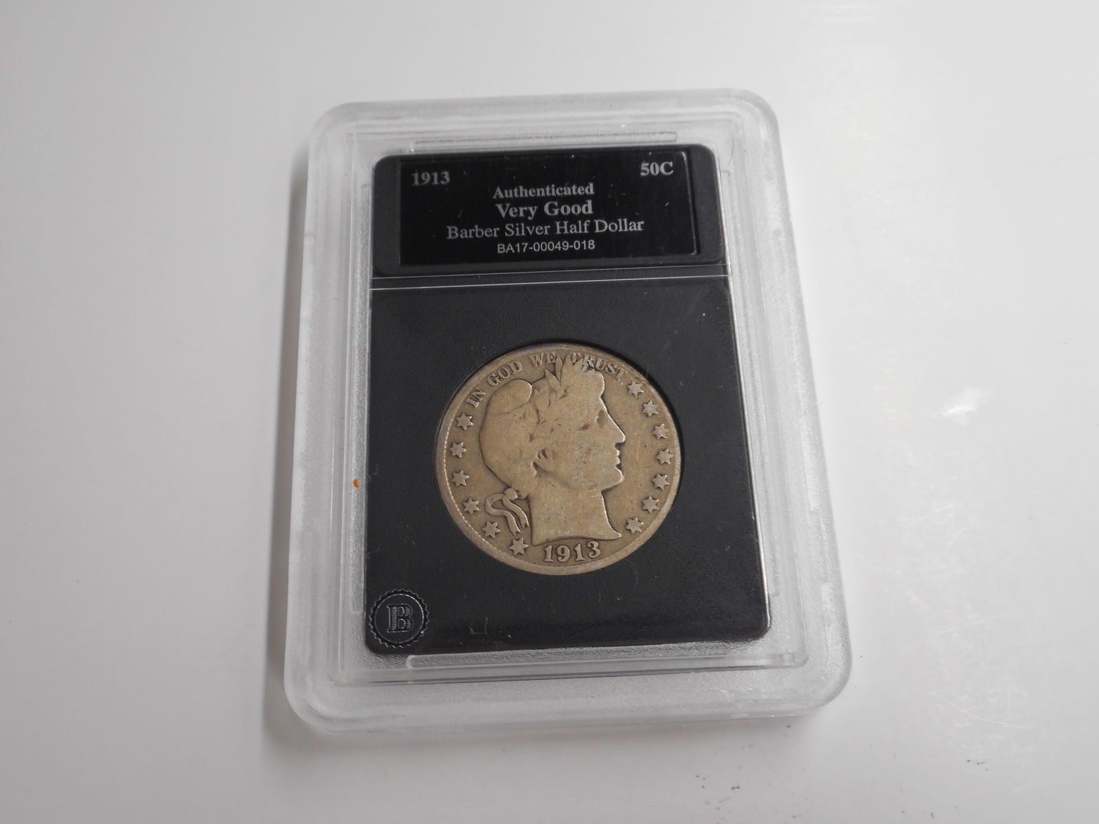 1913 Authenticated Very Good 50c Barber Silver Half Dollar, Hard Plastic Case (1 of 4)