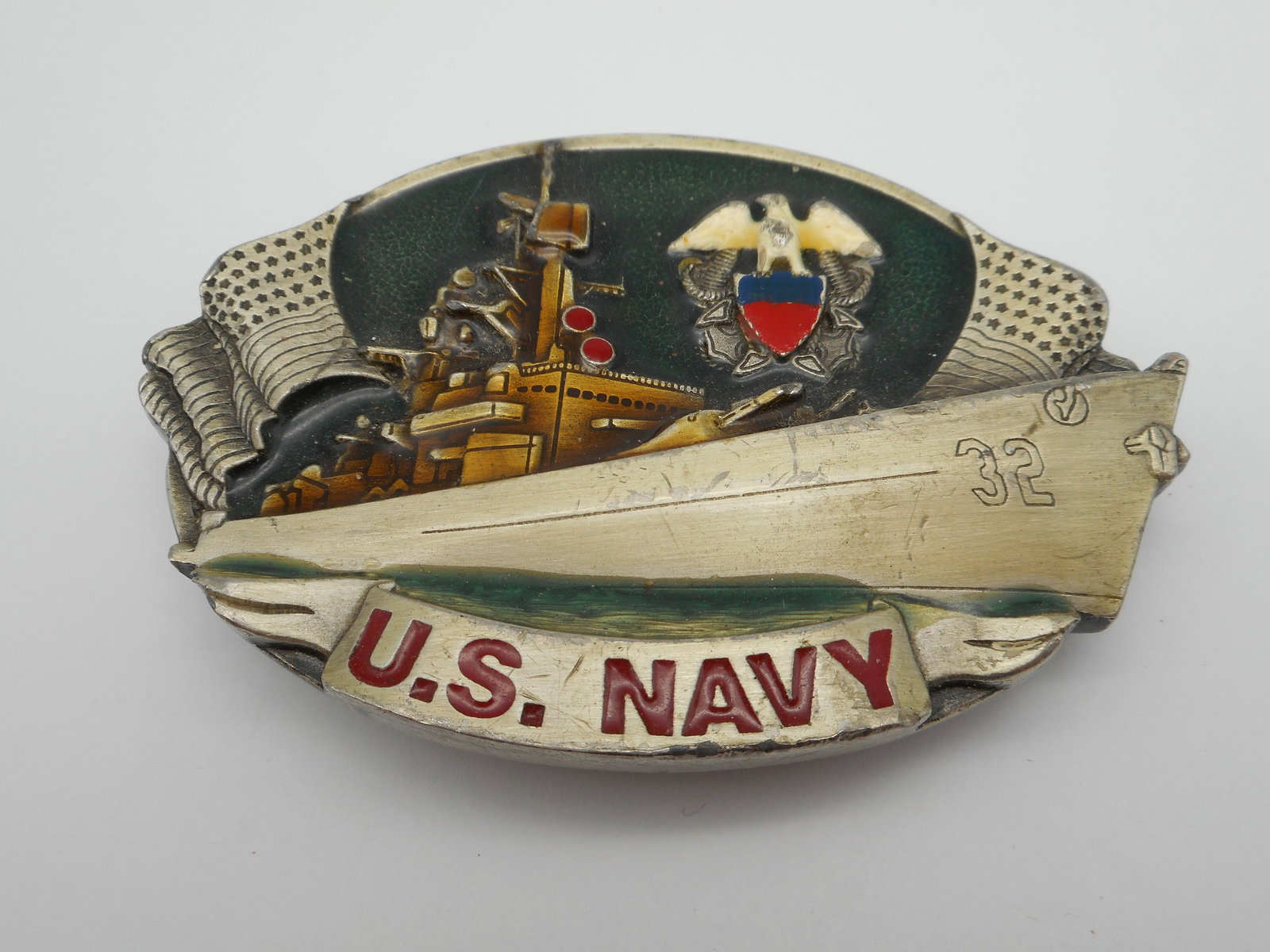 1981 US NAVY Enamel Silver Toned Belt Buckle, Bergamot Brass Works, United States Navy, 3.5 inches: Bidding on this item will be indication that the Bidder acknowledges that they have read and agreed to the Terms and Conditions posted to this Auction