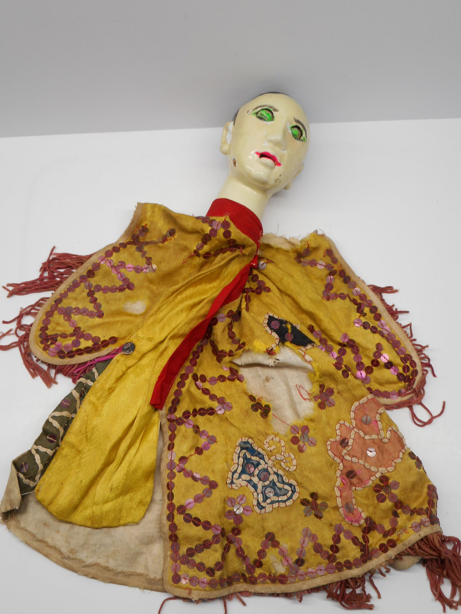 Antique Hand Made Asian Hand Puppet with Pull String for Eyes (needs repair), Fringe and Sequins (1 of 5)