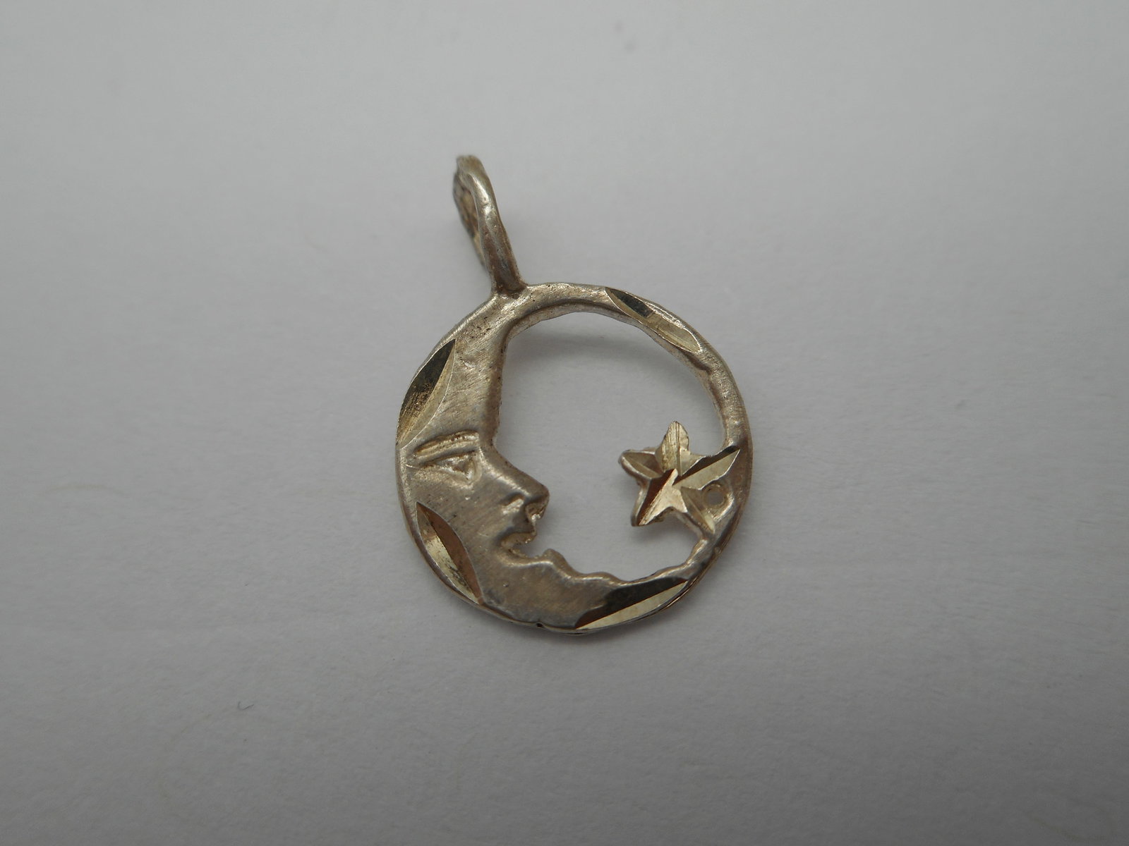 Dainty Diamond Cut Crescent Moon and Star Sterling Silver Pendant, Charm marked STERLING, 1/2-inch (1 of 4)