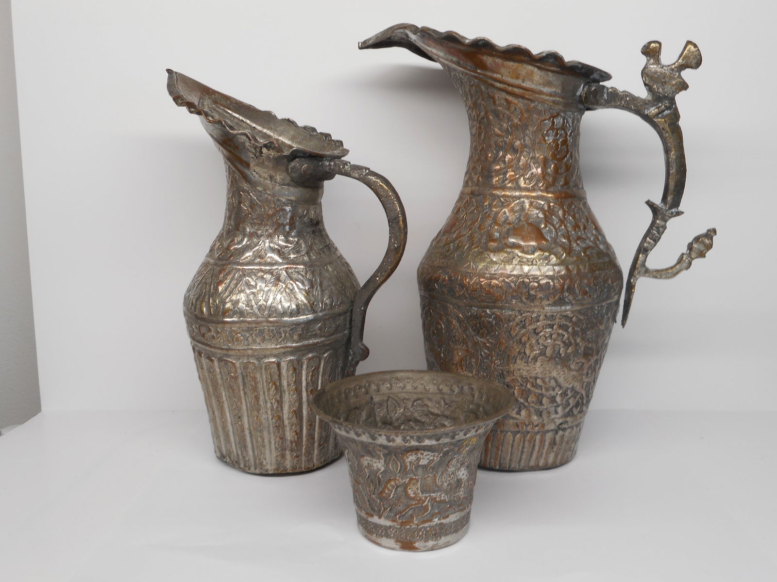 Set of Handcrafted Hammered Metal Ewer Water Carafes, Decanters and Cup, Deer Hunting Scene (1 of 8)