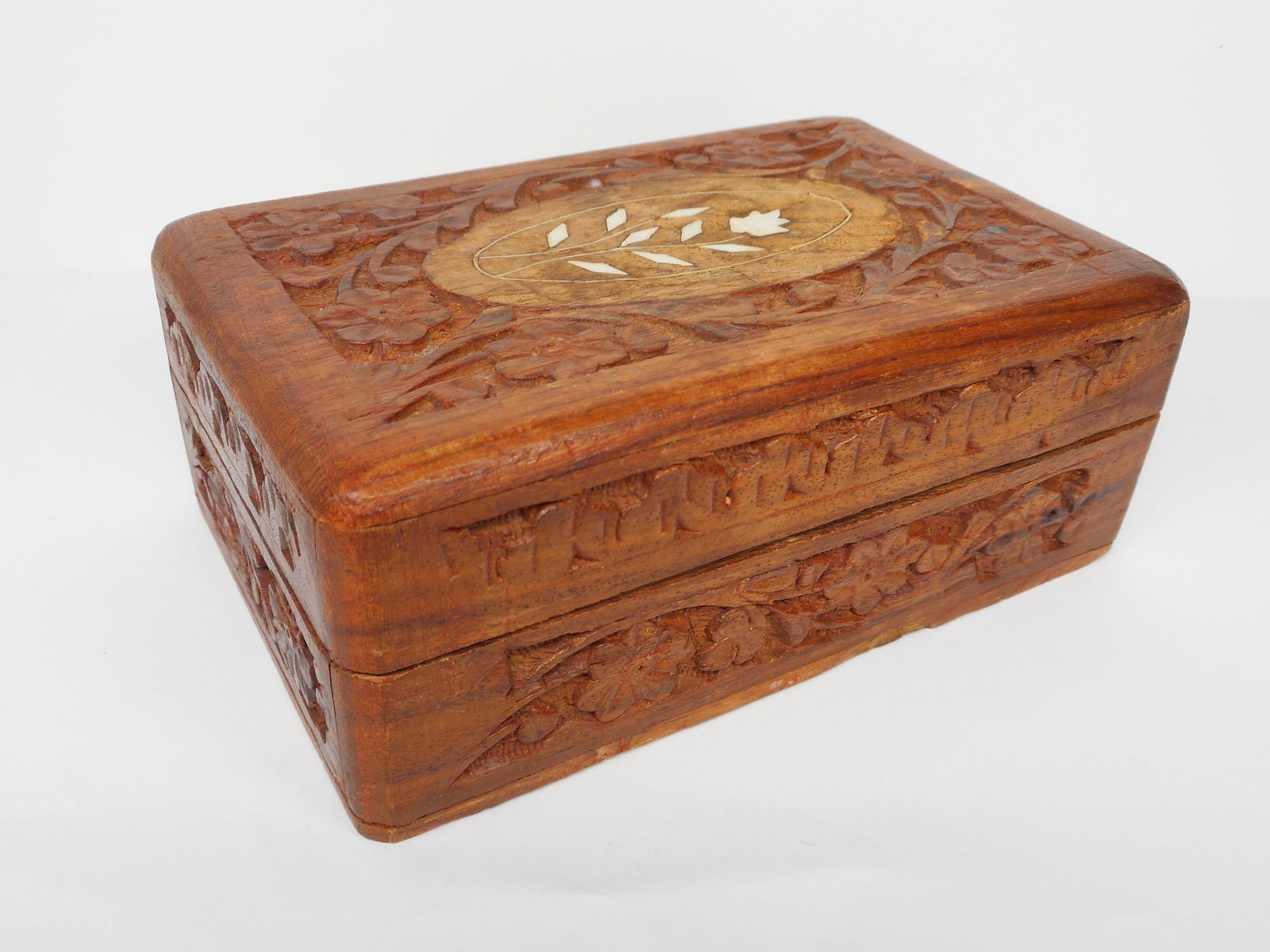 Handcarved Wooden Trinket Jewelry Box with Shell Inlaid Flower, Hinged, 6 x 4 x 2.5 inches (1 of 8)