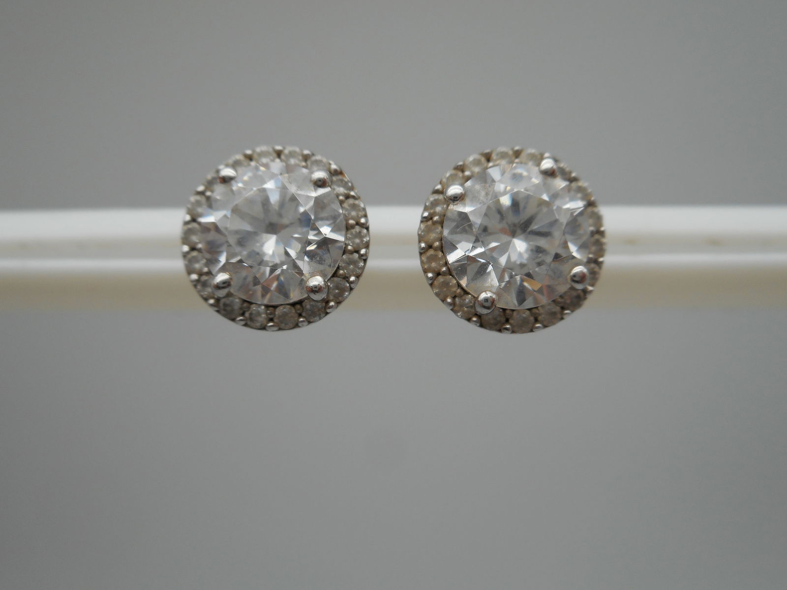Stunning Round CZ with CZ Halo Pierced Earrings in Sterling Silver Cage Post Settings, need postback (1 of 5)