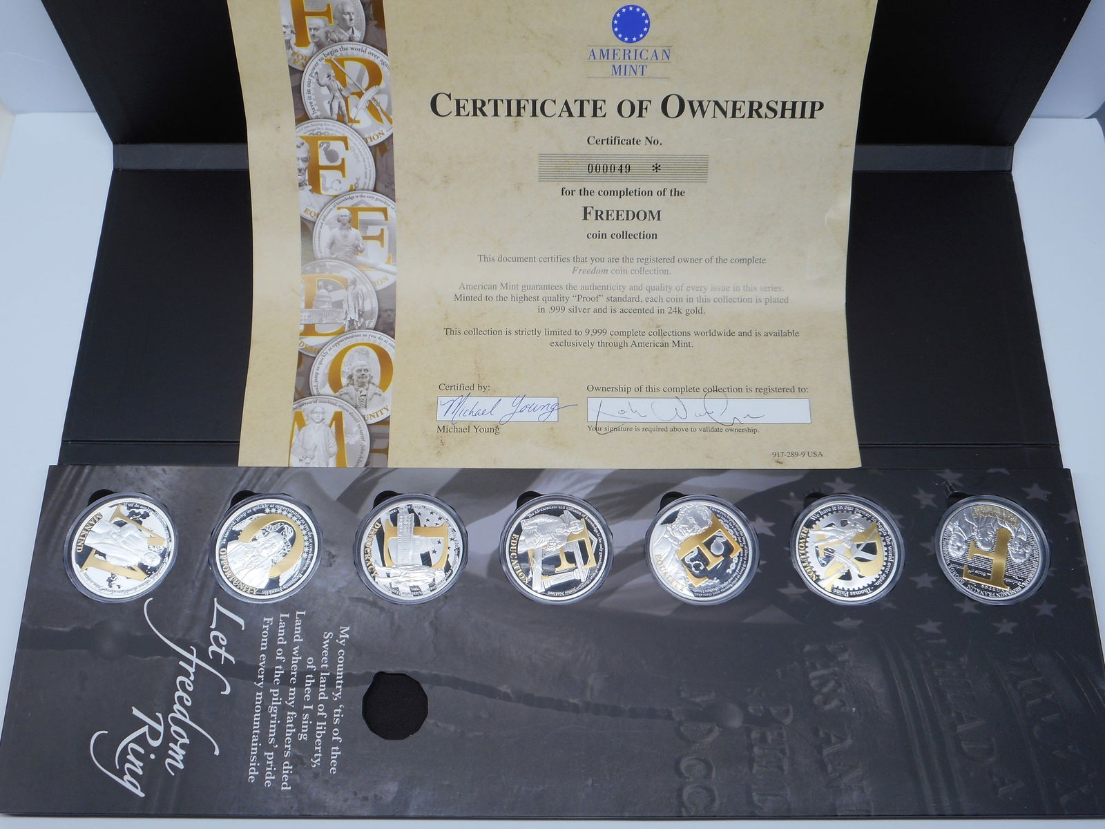 American Mint FREEDOM Coin Collection, Proof coins plated in .999 silver with 24K Gold Accents, COO (1 of 6)