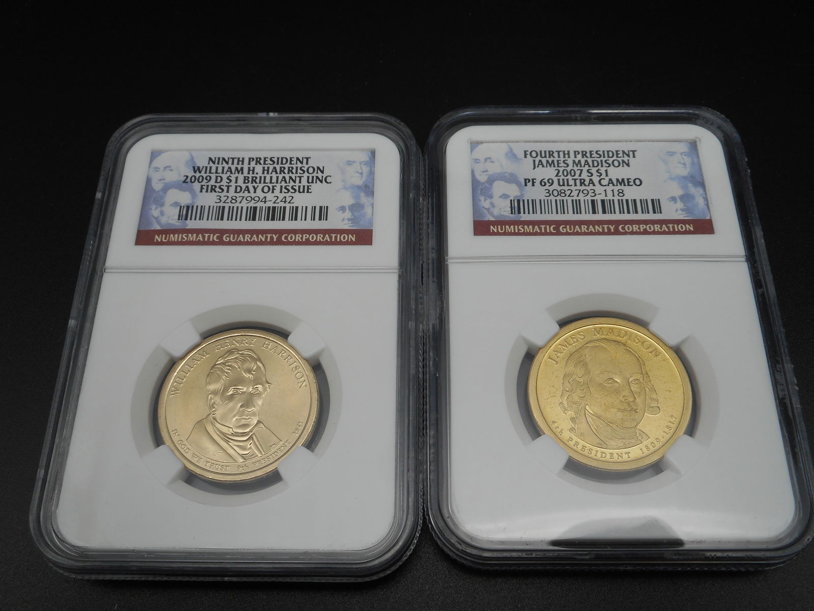 Two NGC Graded $1 Coins - 2007 James Madison & 2009 William H. Harrison, Hard Cases (1 of 3)