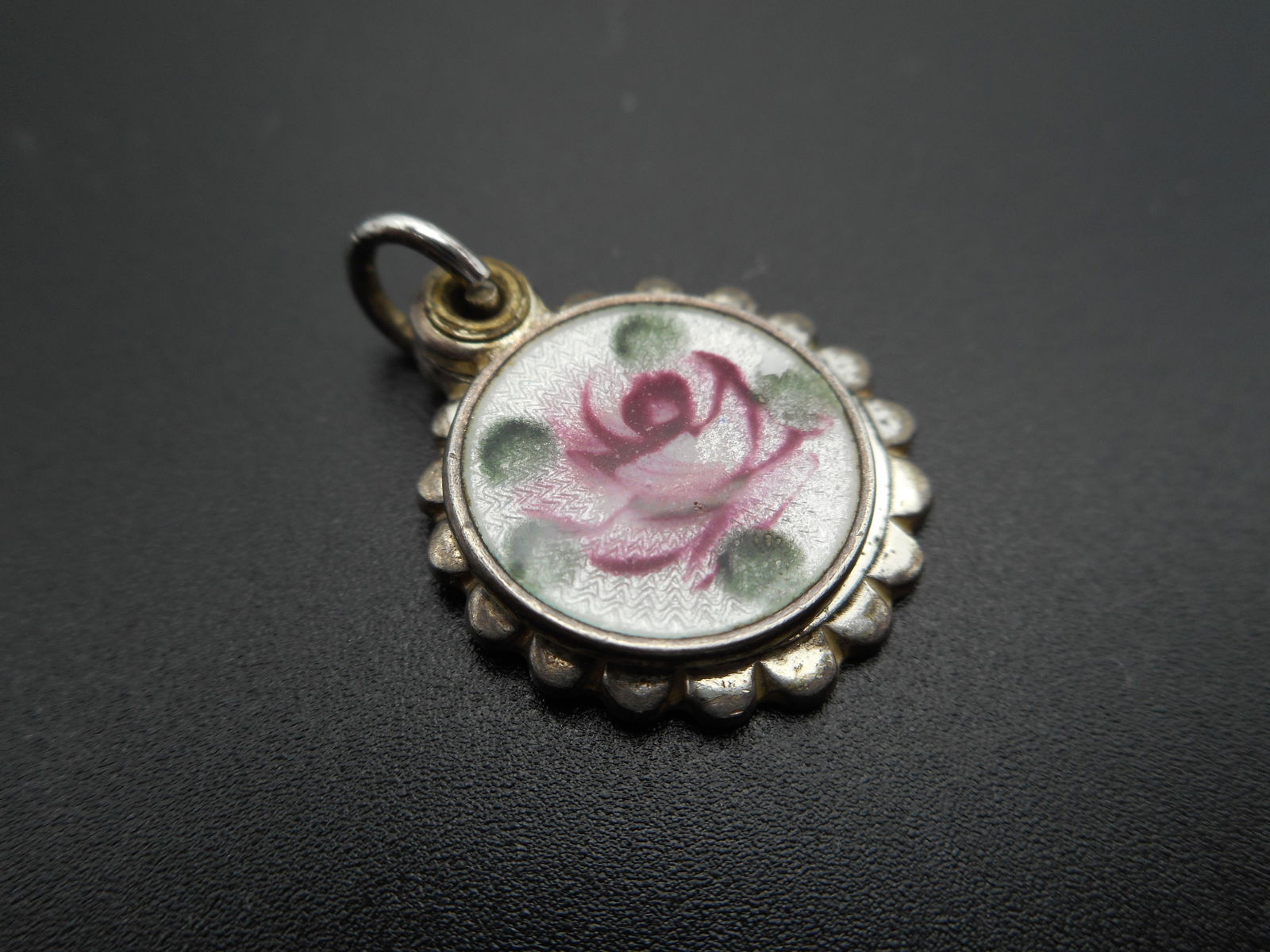 Miraculous Mary, Our Lady Sterling Silver Pendant, Pearlized White Enamel, Pink Rose, 1/2-inch (1 of 3)