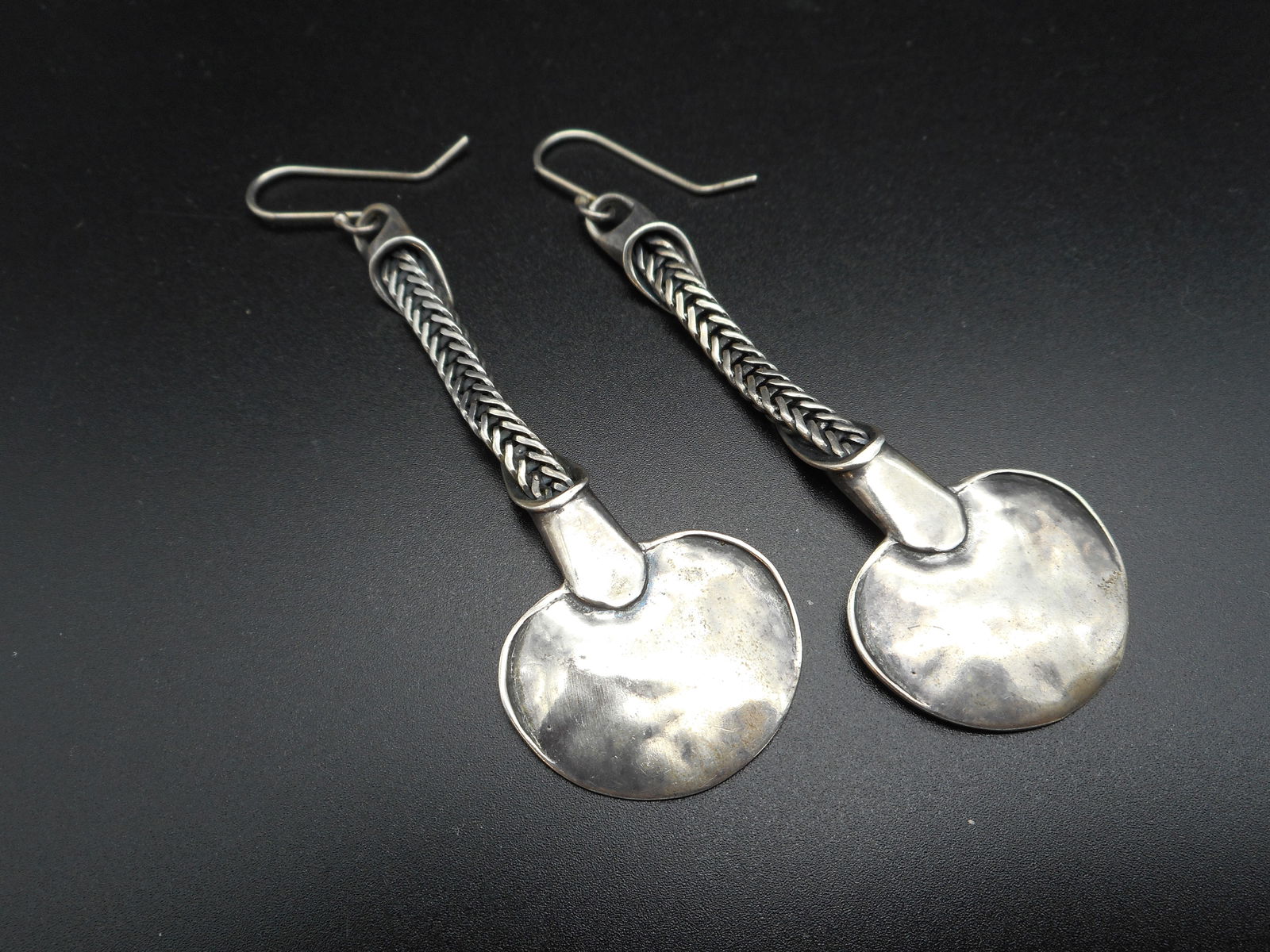 Signed PORCIN Artisan Made Sterling Silver Herringbone & Spoon Drop Earrings, Marked 925, 2.5 inches (1 of 5)