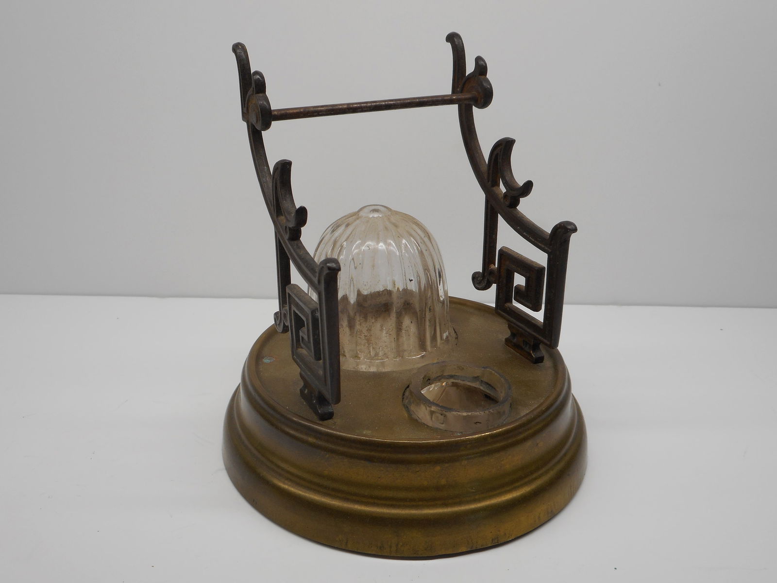 Antique Late 1800's Brass Ink Well with Pen Holder, No Cap, Base 5 inches wide (1 of 5)