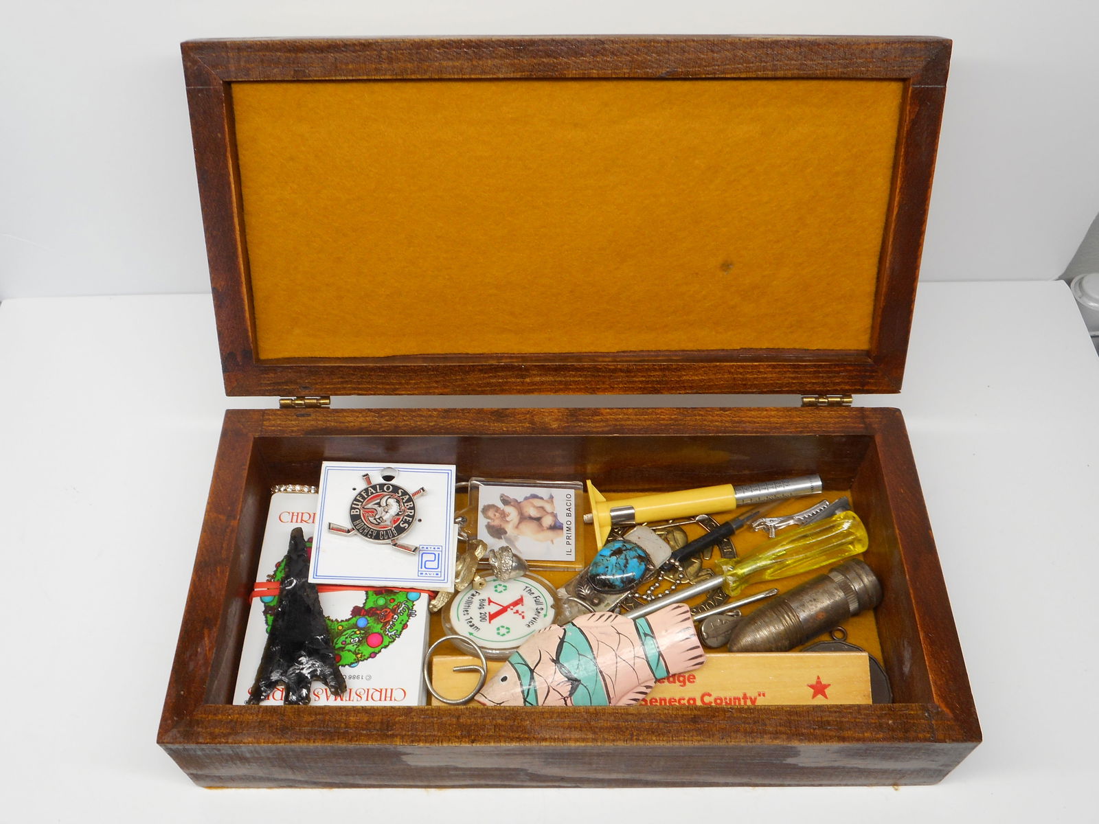 Dried Pressed Flowers Framed in Wood Felt-Lined Box, full of Junk Drawer Treasures, Box 10 x 5 x 2.5 (1 of 8)