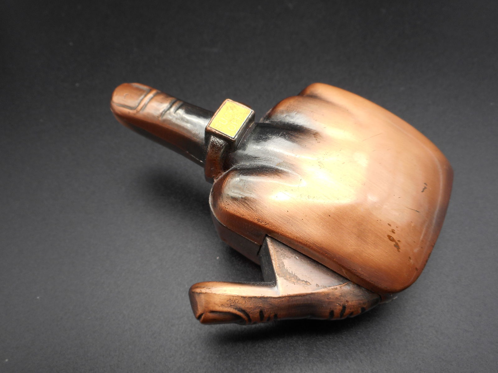 Vulgar Message Lighter - Bronze Color Middle Finger with Ring, Message F--K OFF, 3 inches (1 of 5)
