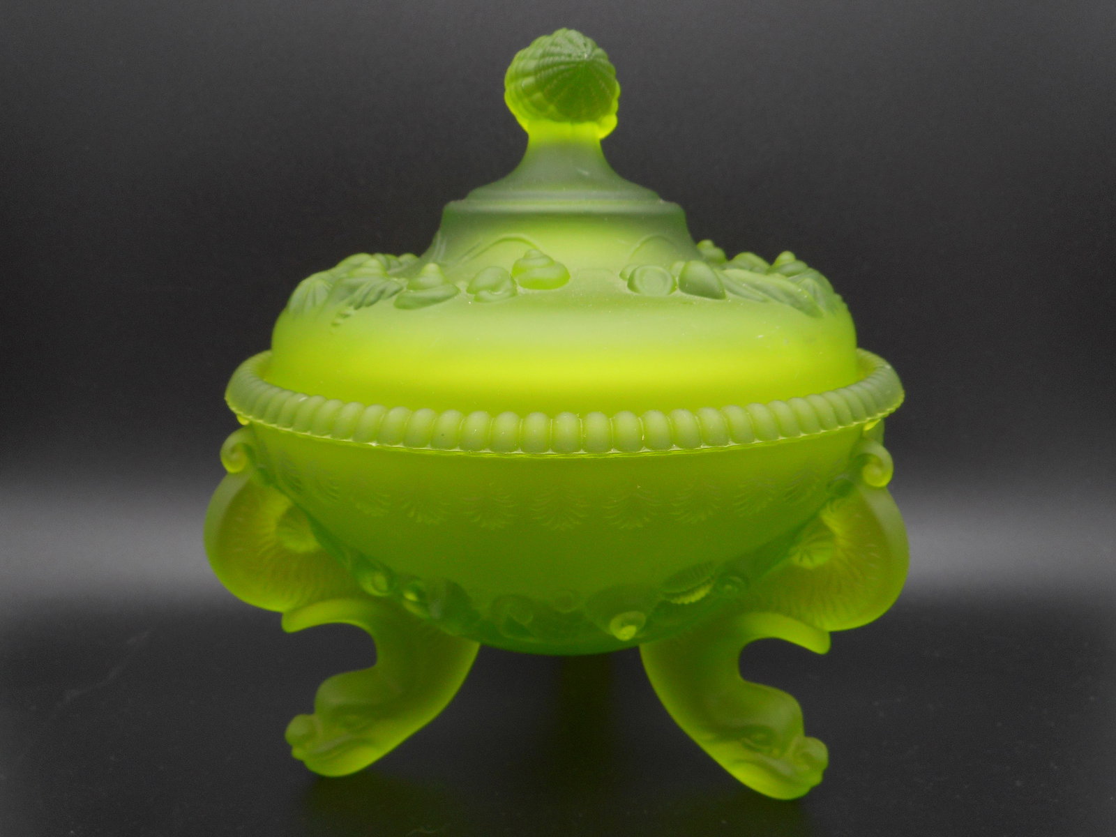 Vintage Westmoreland Green Satin Glass Argonaut Footed Lidded Candy Dish, 6-inch diameter (1 of 5)