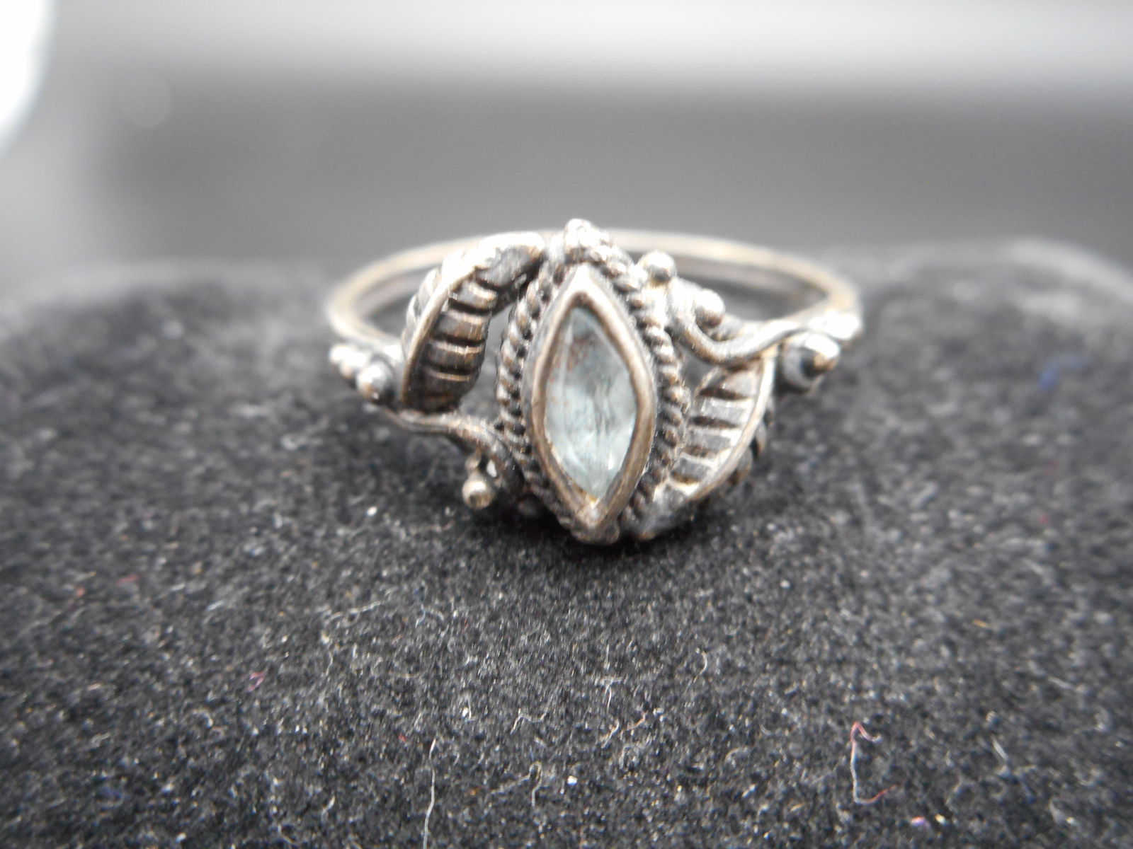 Petite Light Blue Marquise Cut Solitaire Ring, Sterling 925 Silver, Decorated Shank, Size 5.75: Bidding on this item will be indication that the Bidder acknowledges that they have read and agreed to the Terms and Conditions posted to this Auction