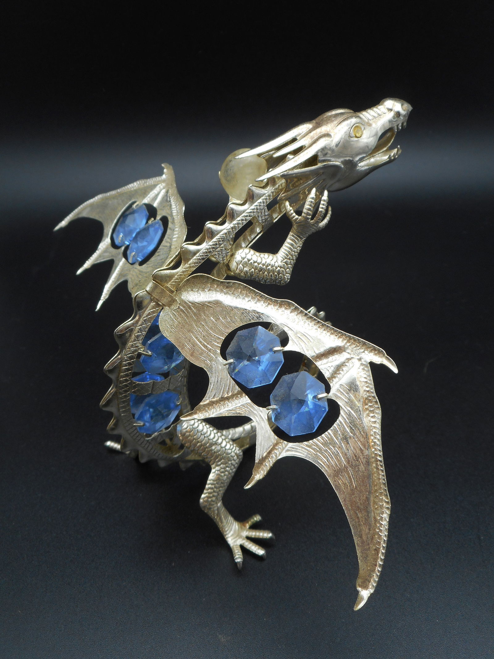 Silver Plated Tabletop Dragon, Standing, With Clear Ball and Swarovski Light Blue Crystals in Wings (1 of 6)
