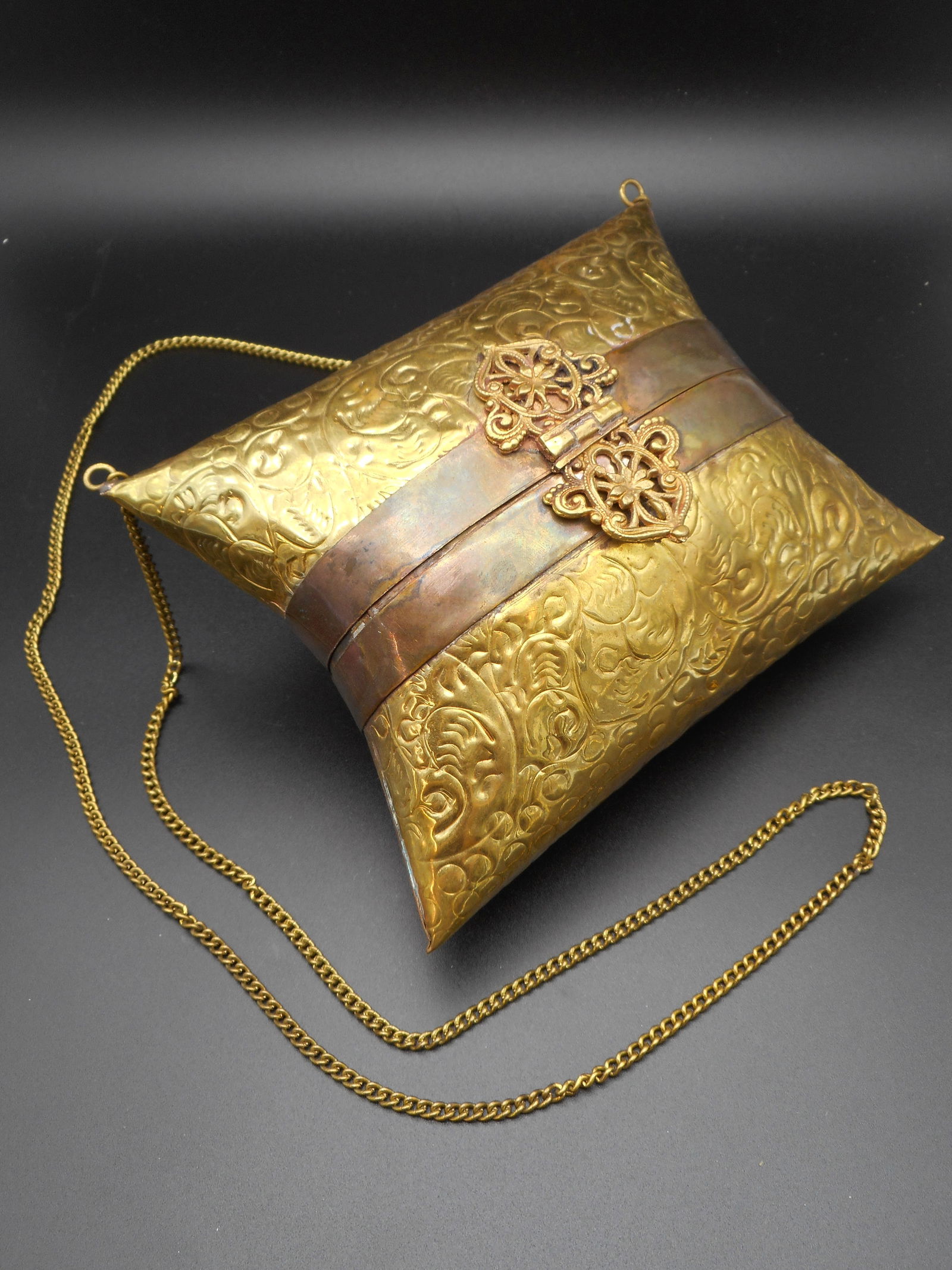 Vintage Brass & Copper Hinged Pillow Purse, Crossbody, Ornate, Deep Blue Velvet Lining, 7 x 5 inches (1 of 5)