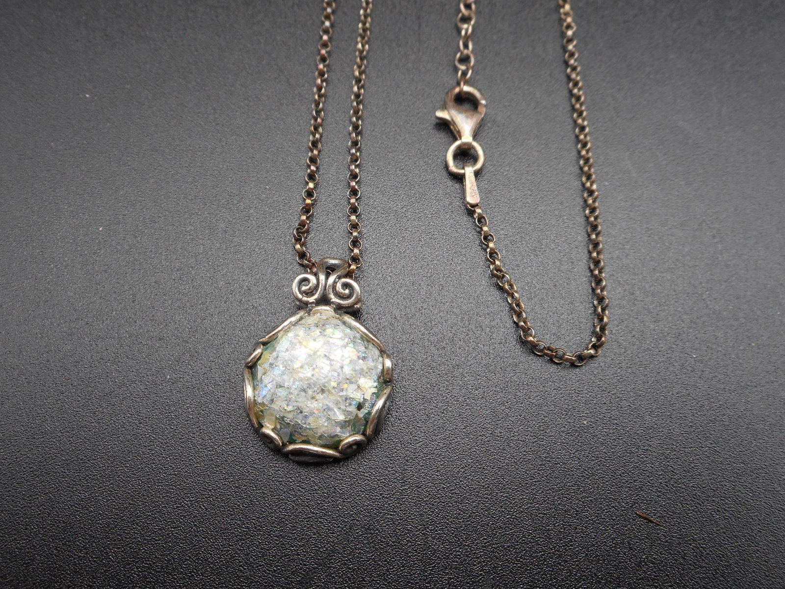 Antique Roman Glass Filigree Pendant, on 19-in Rolo Chain, Sterling Silver 925 ISRAEL PZ: Bidding on this item will be indication that the Bidder acknowledges that they have read and agreed to the Terms and Conditions posted to this Auction