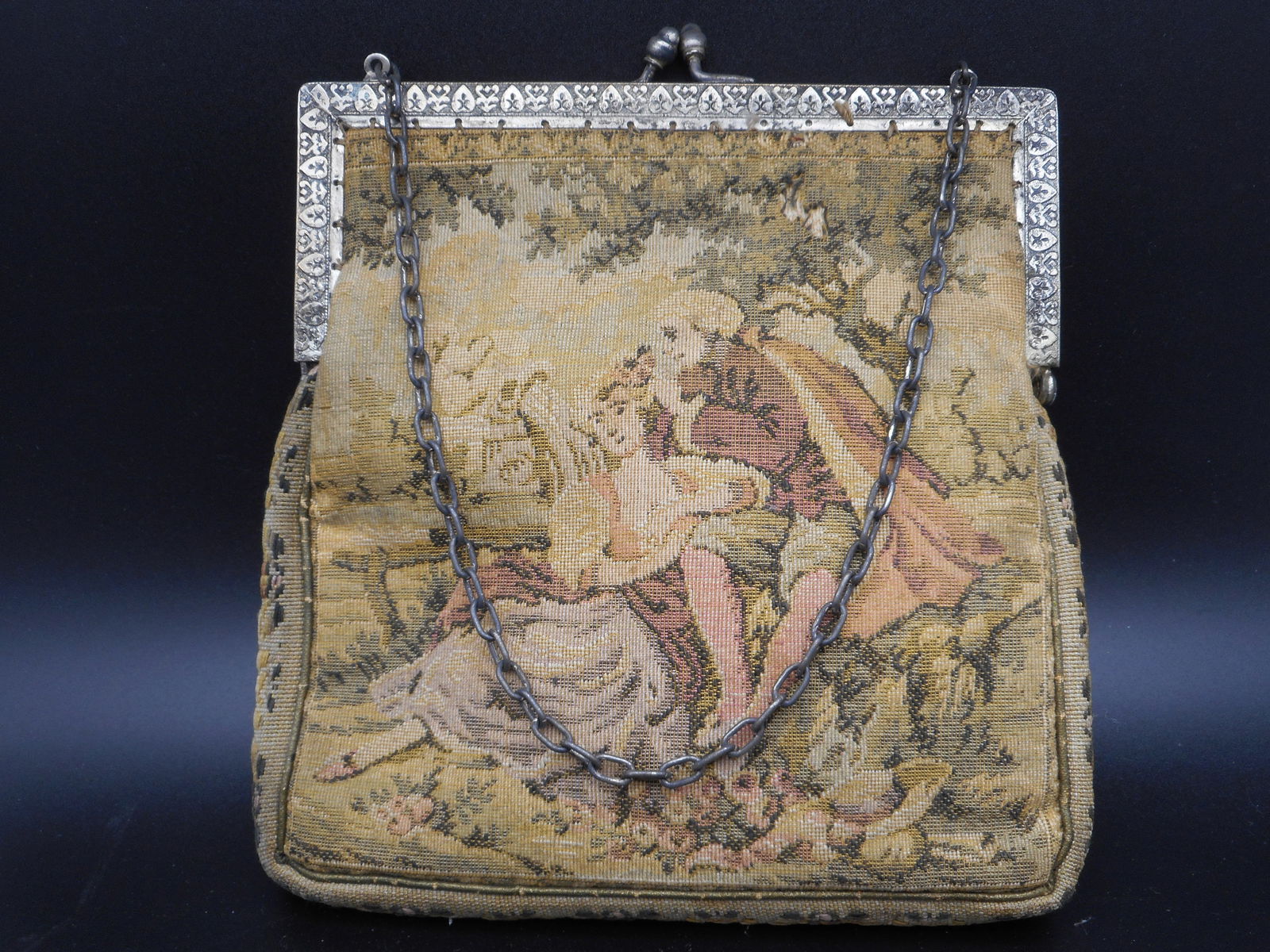 Victorian Petit Point Purse Antique 1900s Tapestry Purse, 6 inches, Metal Closure and Chain Strap (1 of 6)