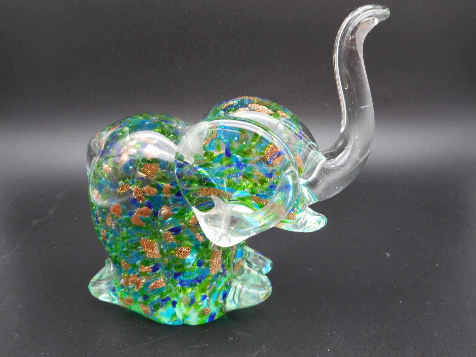 Art Glass Elephant Figurine with Raised Trunk, Green Gold Blue 5.5-inches Tall, Decor or Paperweight (1 of 5)