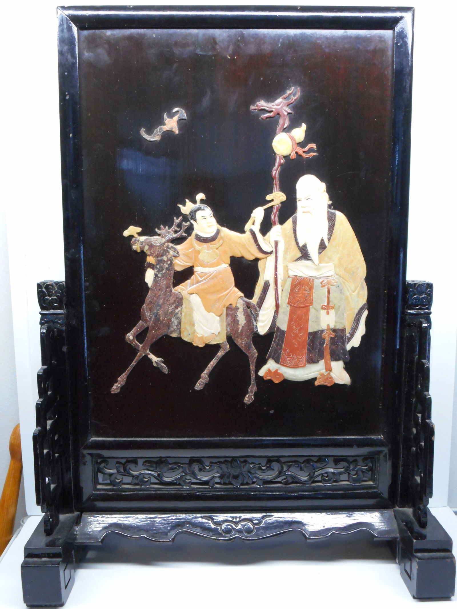 Carved Wooden Chinese Shou Xing God of Longevity Soap Stone Table Screen, Approx 20 Inches tall (1 of 9)