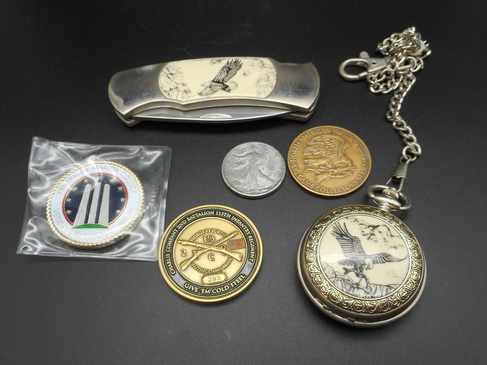 Assorted Collection, Military Comm. Medallions, Wildlife Theme Folding Knife and Pocket Watch (1 of 4)